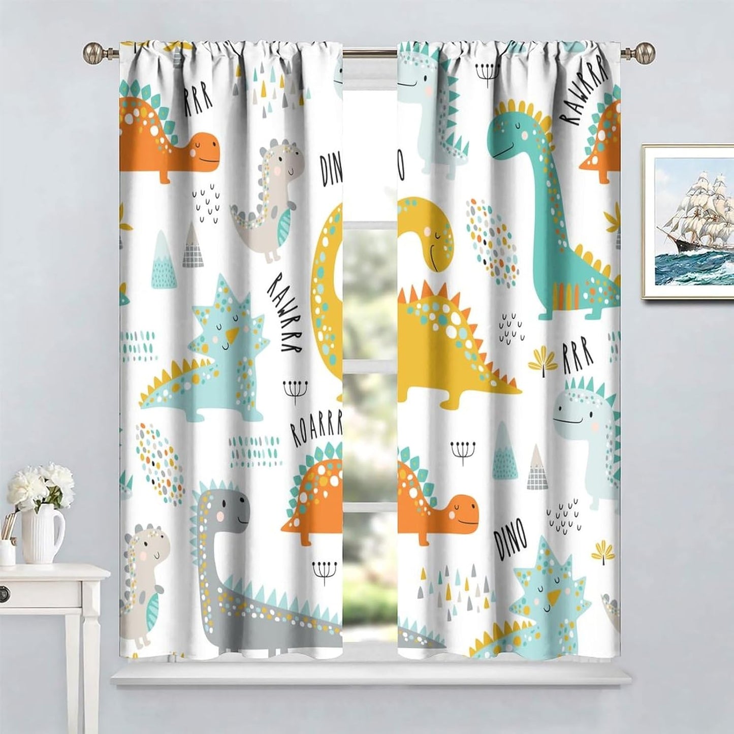 Dinosaur Curtains for Kids Boys Girls Home Decor Childish Cute Dino Animals Print Pattern Rod Pocket Blackout Window Drapes for Nursery Baby Bedroom Playroom W21xL45in 2 Panels