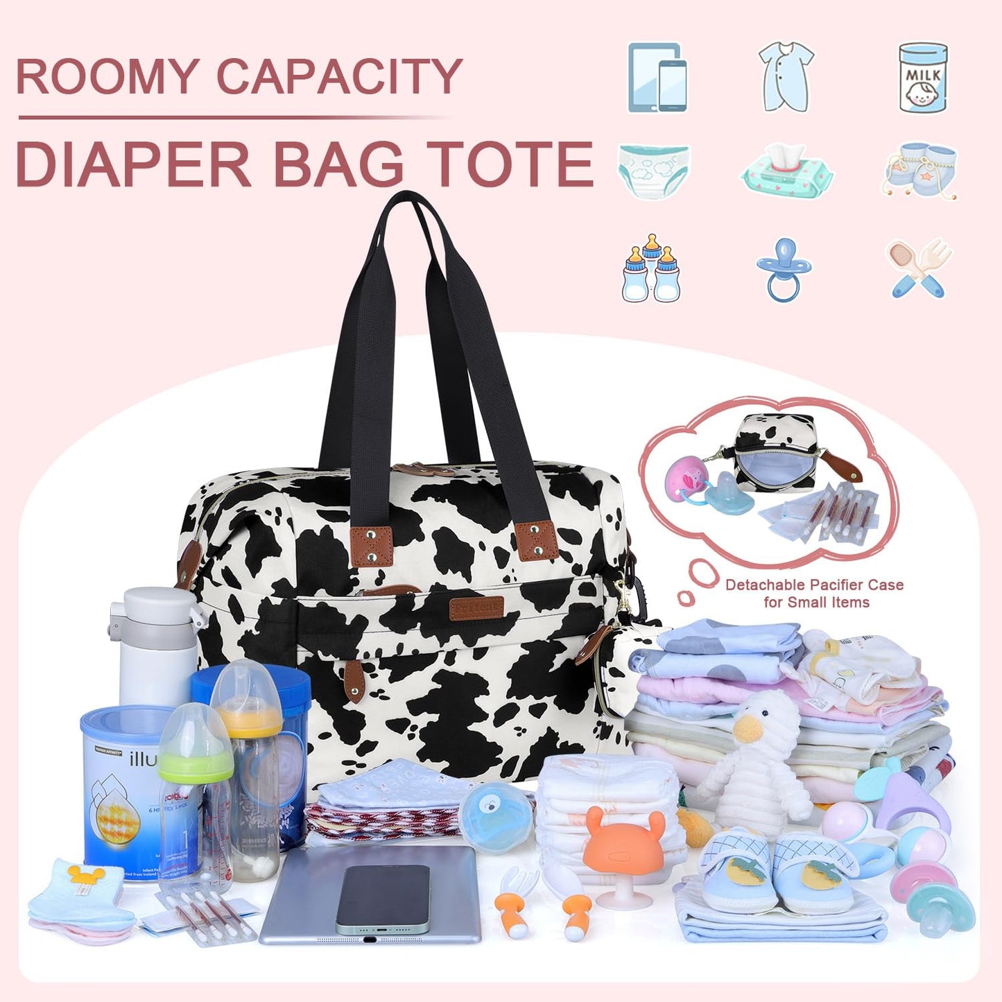 Diaper Tote - Baby Bag with Pacifier Case, Shoulder Straps, Stroller Clips, Waterproof Large Mommy Maternity Travel Bag for Mom and Dad, Cow Print