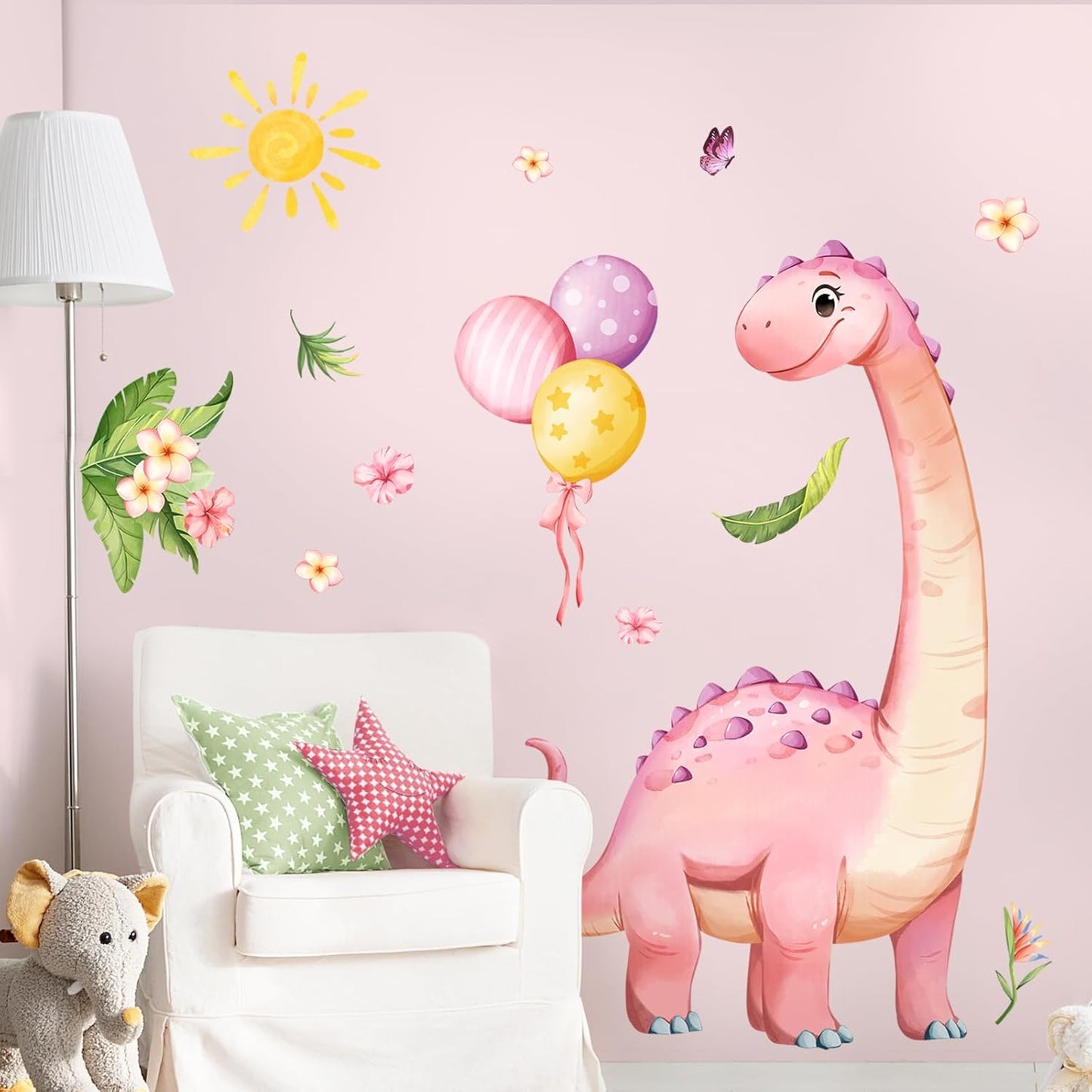 Large Pink Dinosaur Wall Decals Cartoon Dino Balloon Flower Wall Stickers Peel and Stick Wall Art Decor for Girls Baby Nursery Kids Bedroom Playroom Classroom Toddlers Wall Decor