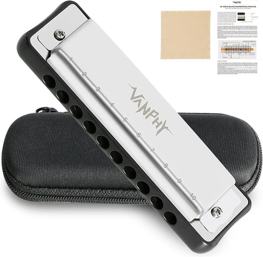Harmonica 10 Hole Diatonic Blues Harmonica Key of C Rounded Holes Blues Harmonicas with Black Case for Adults Professionals Beginners and Students as a Gift（Sliver）