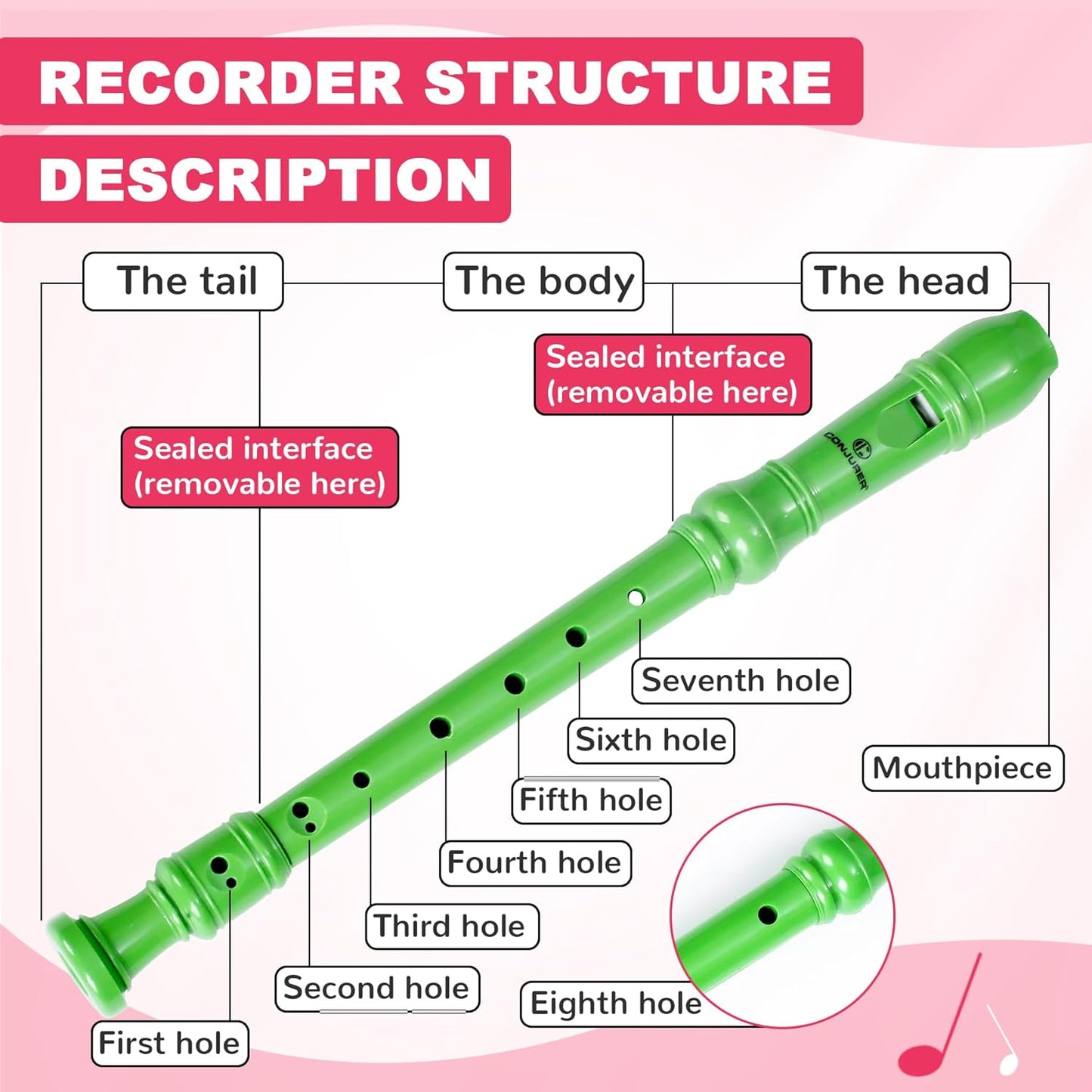 CONJURER Soprano Recorder Instrument for Kids Student - German Fingering 8 Hole Flute ABS Descant Recorders for Beginners with Cleaning Rod and Bag for Kids Over 3 Years Old