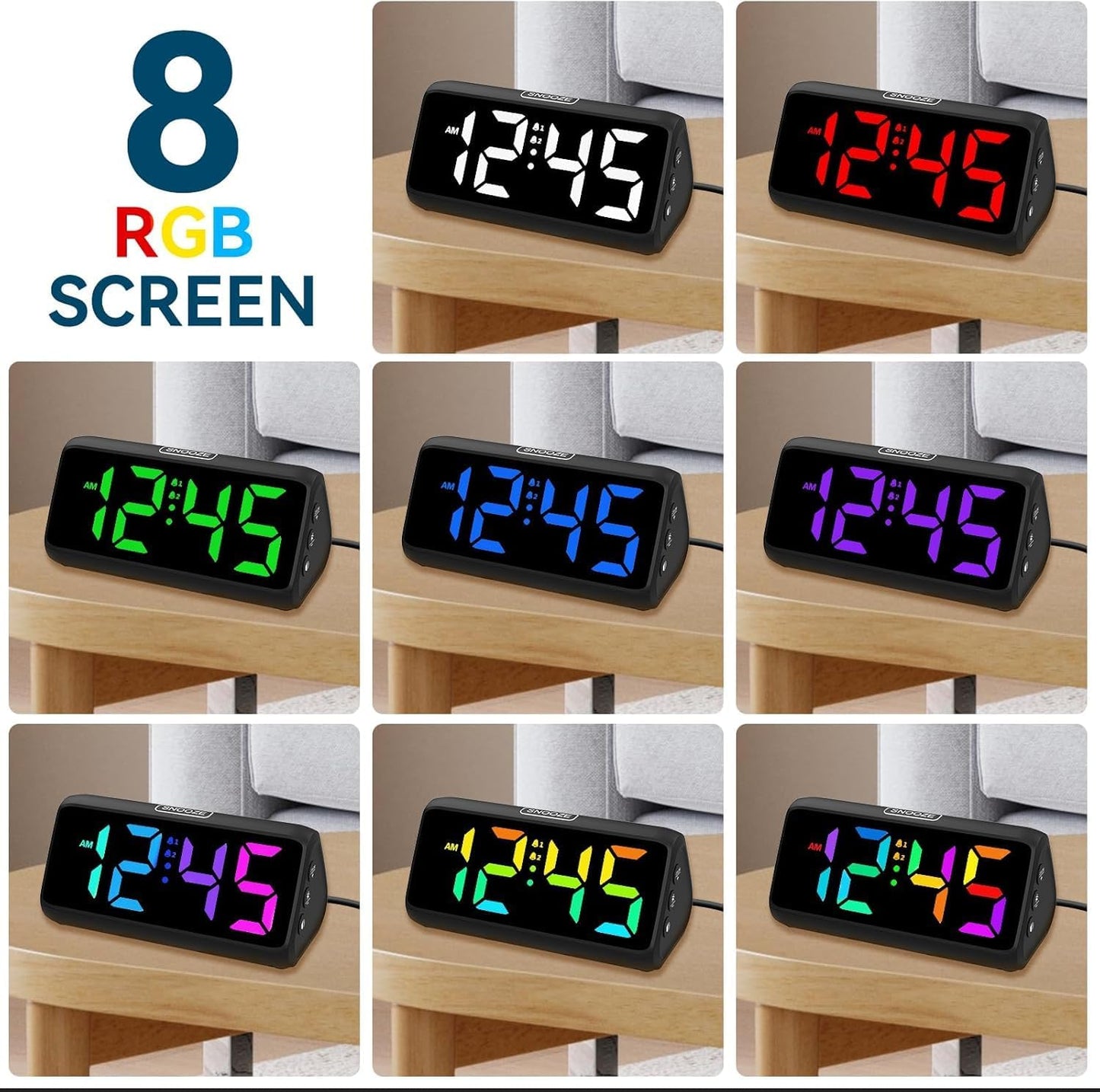 Netzu Loud Alarm Clock for Heavy Sleepers, RGB Alarm Clocks for Bedrooms Seniors Kids, Plug in Digital Clock with 5 Dimmers, 2 Alarms, 4 Volumes and Snooze