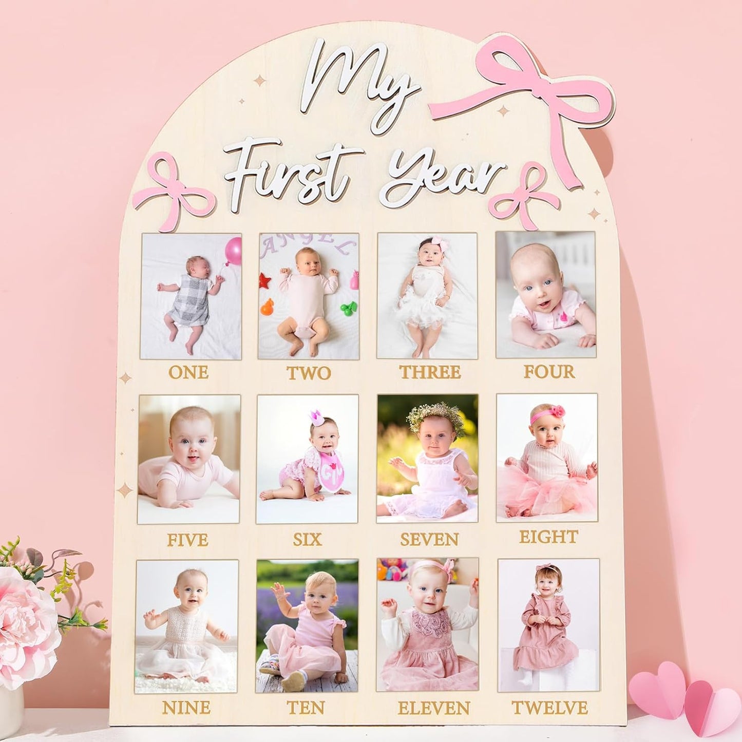 Pink Bow First Year Photo Board Coquette Bow Birthday Party Wooden Board Decorations 12 Monthly Milestone Picture Frame One Year Old Wood Sign 1st Birthday Photo Banner for Baby Girls Keepsake Gift