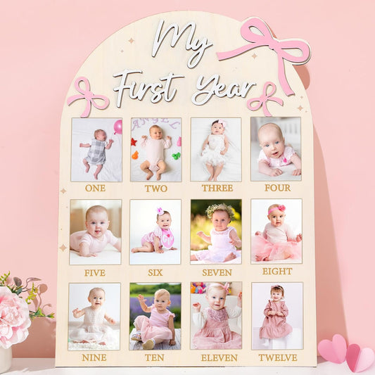Pink Bow First Year Photo Board Coquette Bow Birthday Party Wooden Board Decorations 12 Monthly Milestone Picture Frame One Year Old Wood Sign 1st Birthday Photo Banner for Baby Girls Keepsake Gift