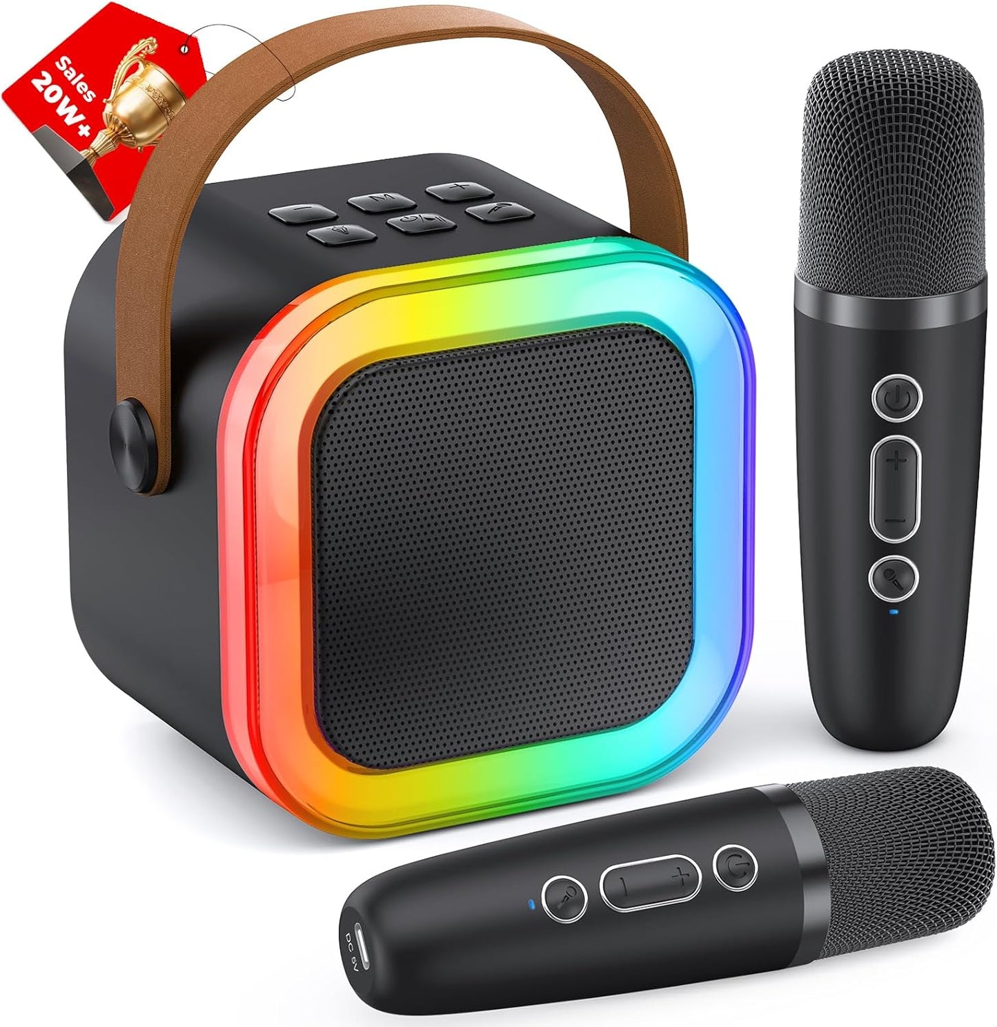 Karaoke Machine for Kids Adults, Portable Bluetooth Mini Karaoke Microphone Singing Speaker with 2 Wireless Mic and Light, for All Smartphones,Birthday, Family,Home Party (Black)