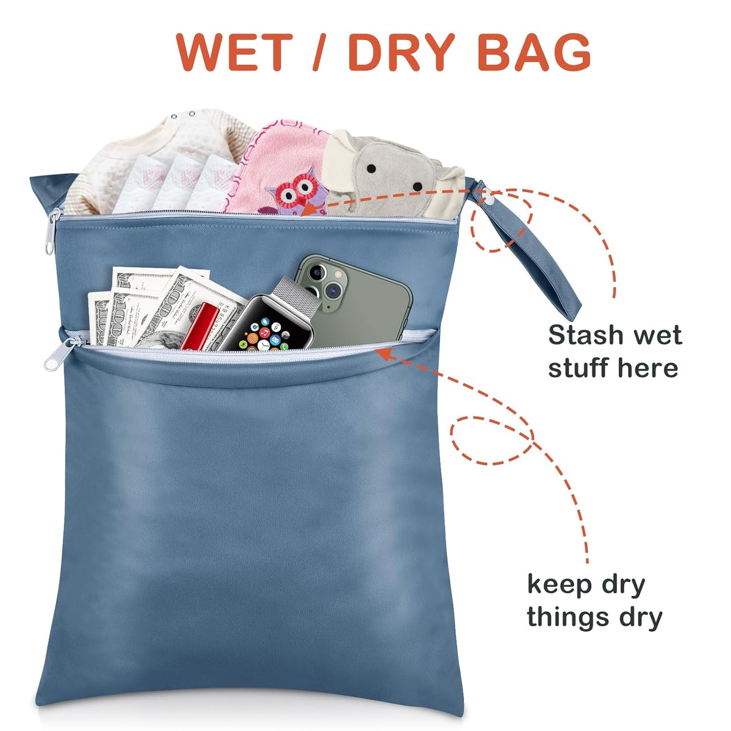 Angel Love Wet Bags, 2 Pack Baby Cloth Diaper Wet/Dry Bags with Two Zippered Pockets, Travel, Beach, Pool, Gym Bag for Swimsuits or Wet Clothes, Waterproof Washable Reusable, L214215