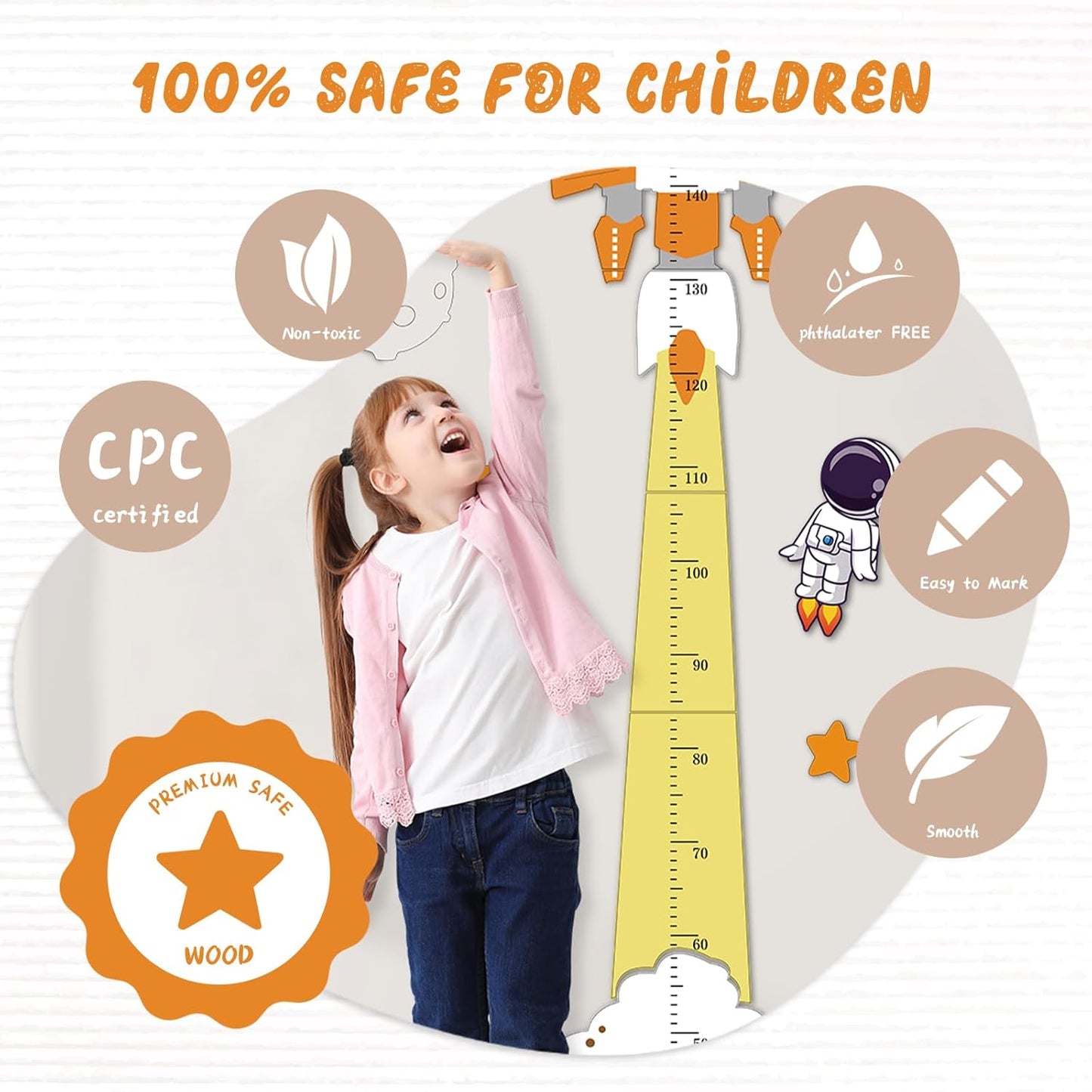 Personalized Name Kids Growth Chart for Wall – Wooden Rocket Height Chart Ruler, Wall Height Measurement for Boys & Girls 61.8" x 9.6"