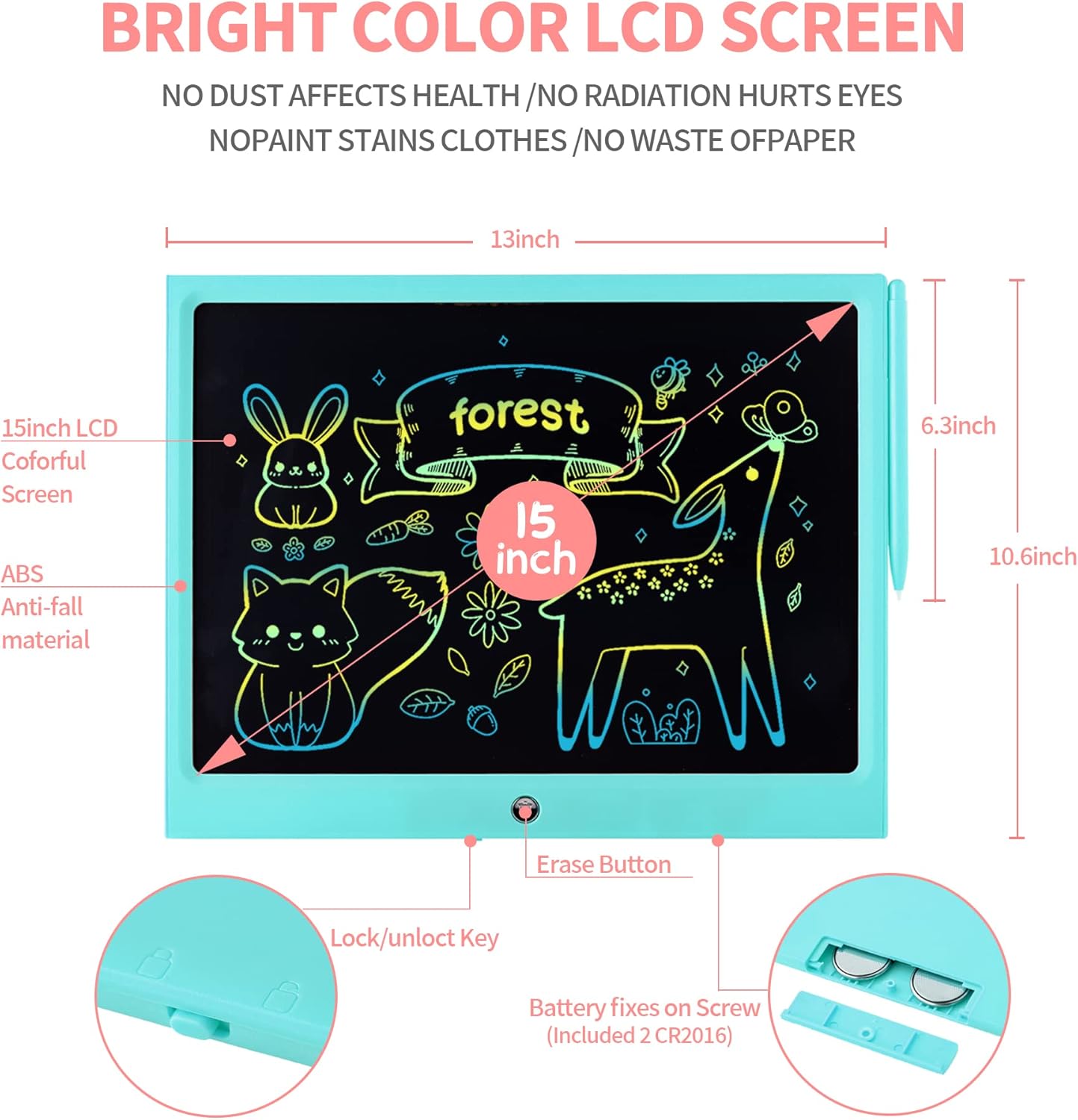 LCD Writing Tablet for Kids, 15 Inch Colorful Electronic Doodle Board for Kids Age 3+ Toys Christmas Birthday Erasable Drawing Tablet Toddler Learning Toys