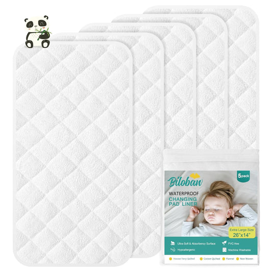 Changing Pad Liner - 5 Pack (Improved Thickness) 14" x 26" Superior Viscose Terry Surface, Waterproof & Absorbent Diaper Changing pad Liners