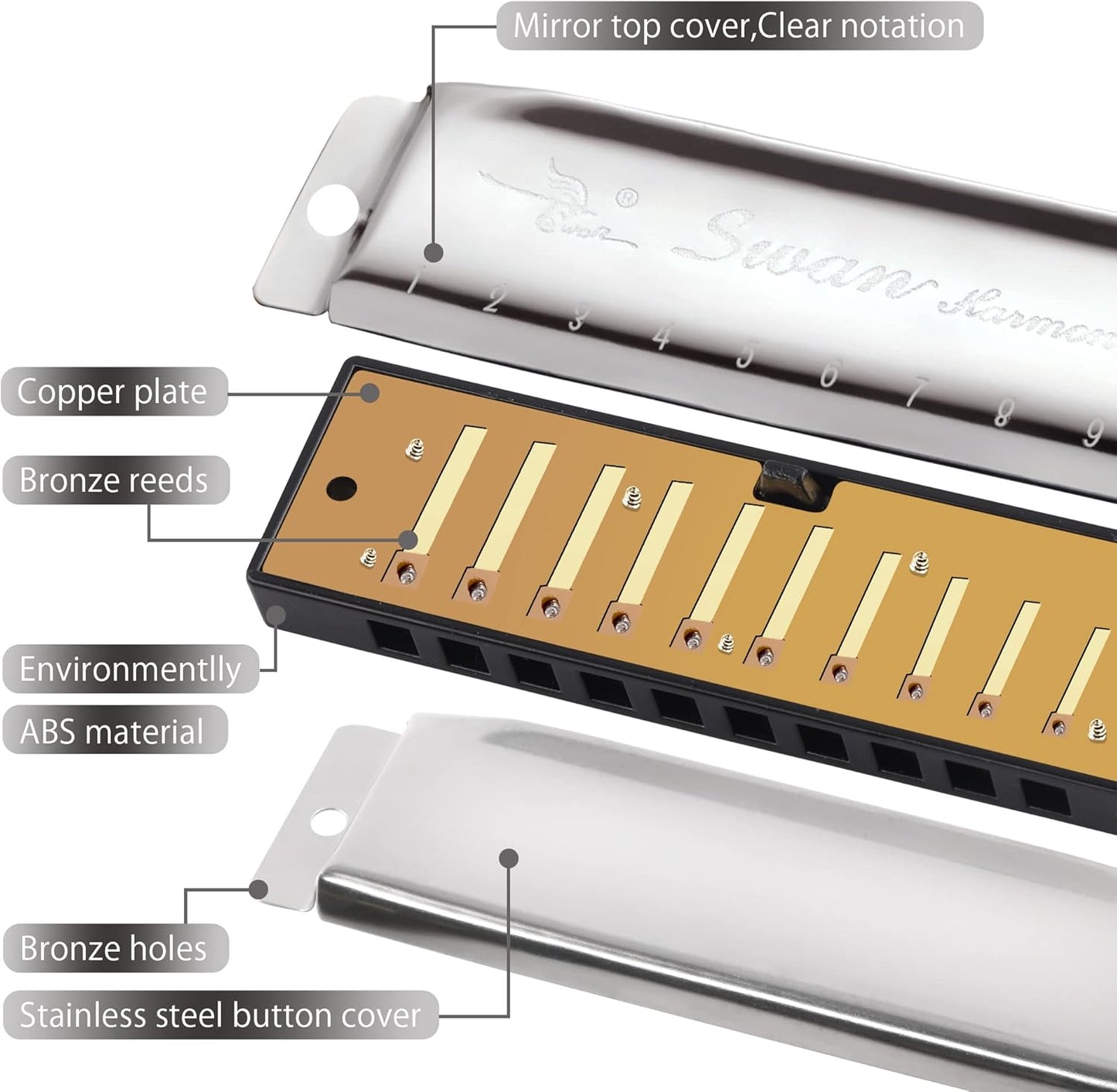 SWAN Blues Harmonica C Key for Kids Adults, 10 Hole Diatonic Harmonica Key of C, Metal Blues Harp for Beginners Students, Mouth Organ in Case, Silver