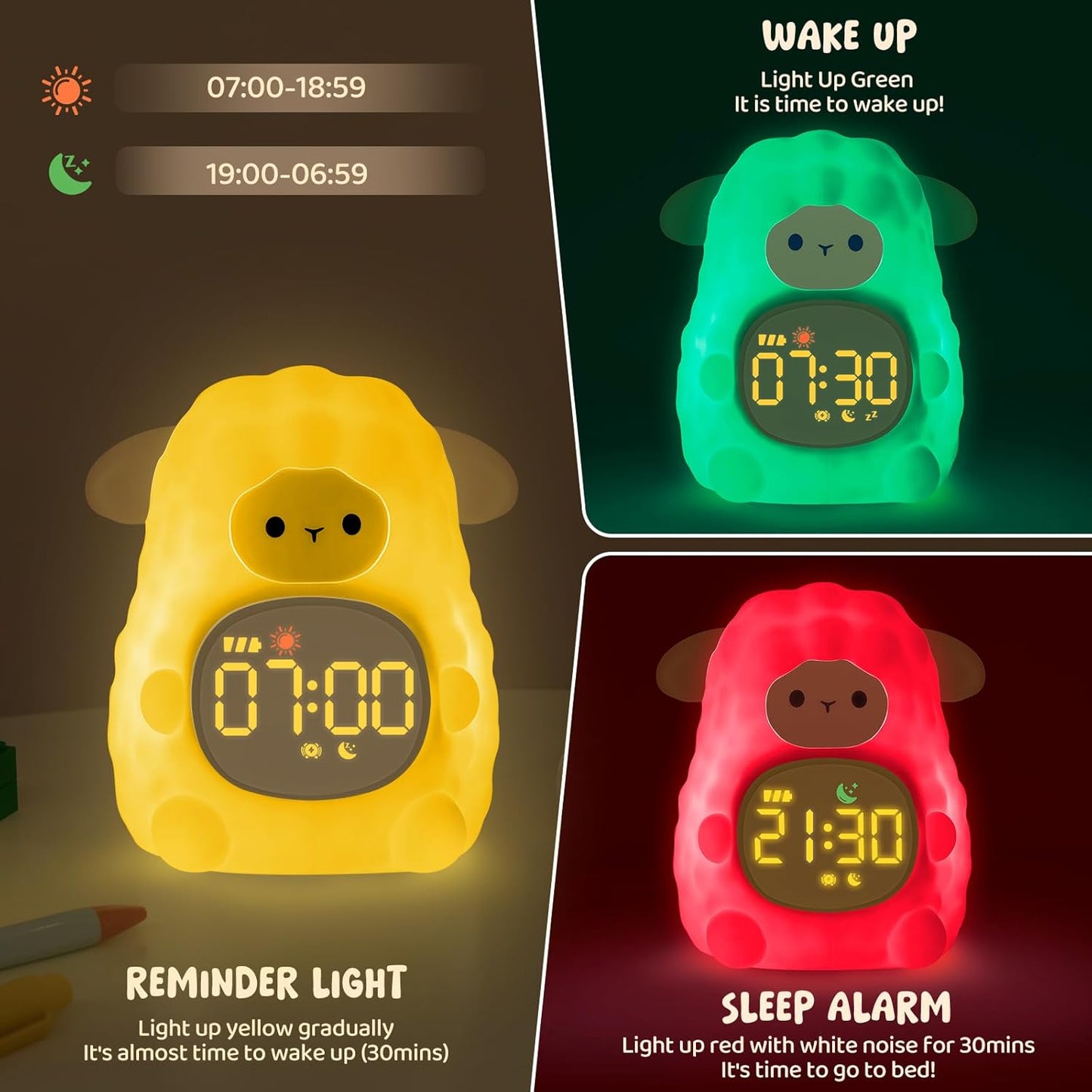 Sheep Alarm Clock with Night Light for Kids with Sleep Training and Sound Machine, Rechargeable Silicone Lamp OK to Wake Clock，Cute Animal Tabletop Lamp, Perfect Sleep Companion for Boys Girls, Khaki