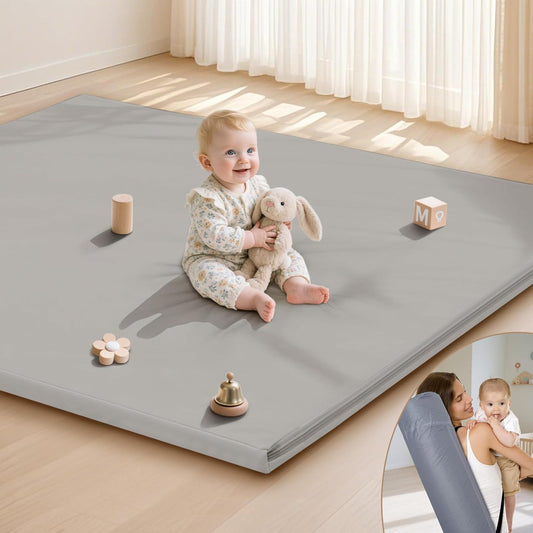 Baby Play Mat 47x47 Inches, Extra Thick 1.2" Foam Floor Mat for Tummy Time & Crawling, Waterproof Non-Slip Faux Leather Playpen Mat for Infants Toddlers, Indoor Outdoor Gym Activity, Gray