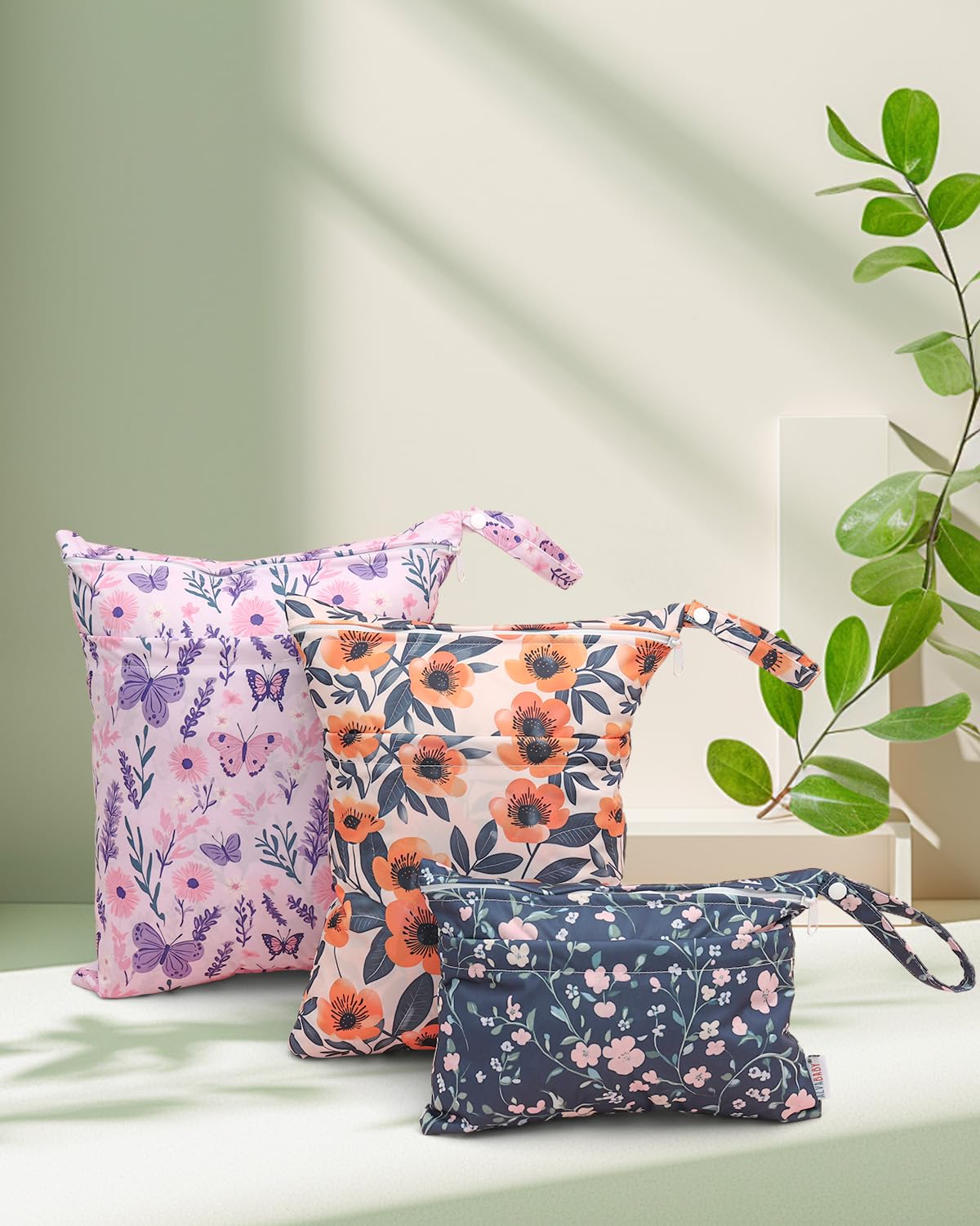 ALVABABY 3 Cloth Diaper Wet Dry Bags Waterproof Reusable with Two Zippered Pockets Travel Beach Pool Daycare Soiled Baby Items Yoga Gym Bag for Swimsuits or Wet Clothes Small medium Large 3L-SML08