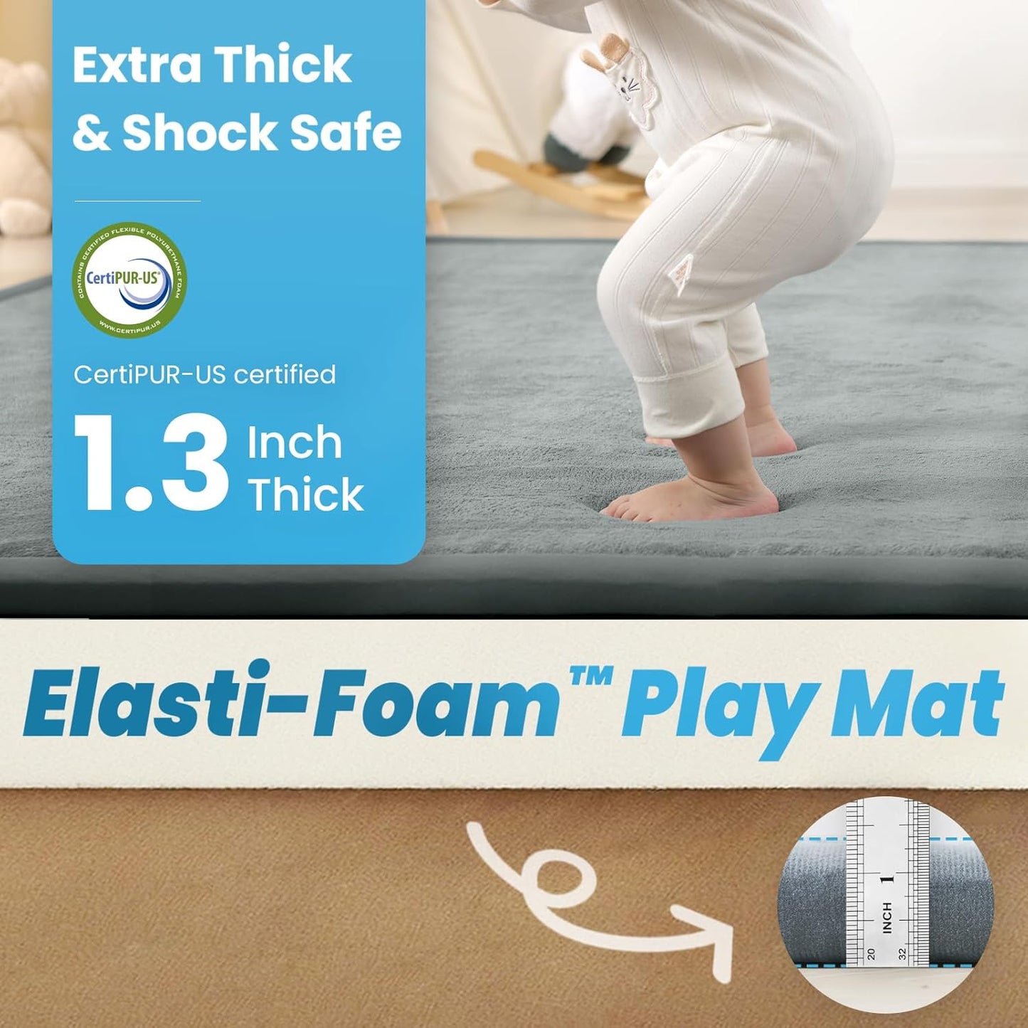 1.3" Thick Baby Play Mat for Floor,79 x 118 Large Foam Tummy Time Mat,Padded Support Soft Plush Nursery Rug for Infant,Kids Toddler Crawling kick activity (Light Grey)