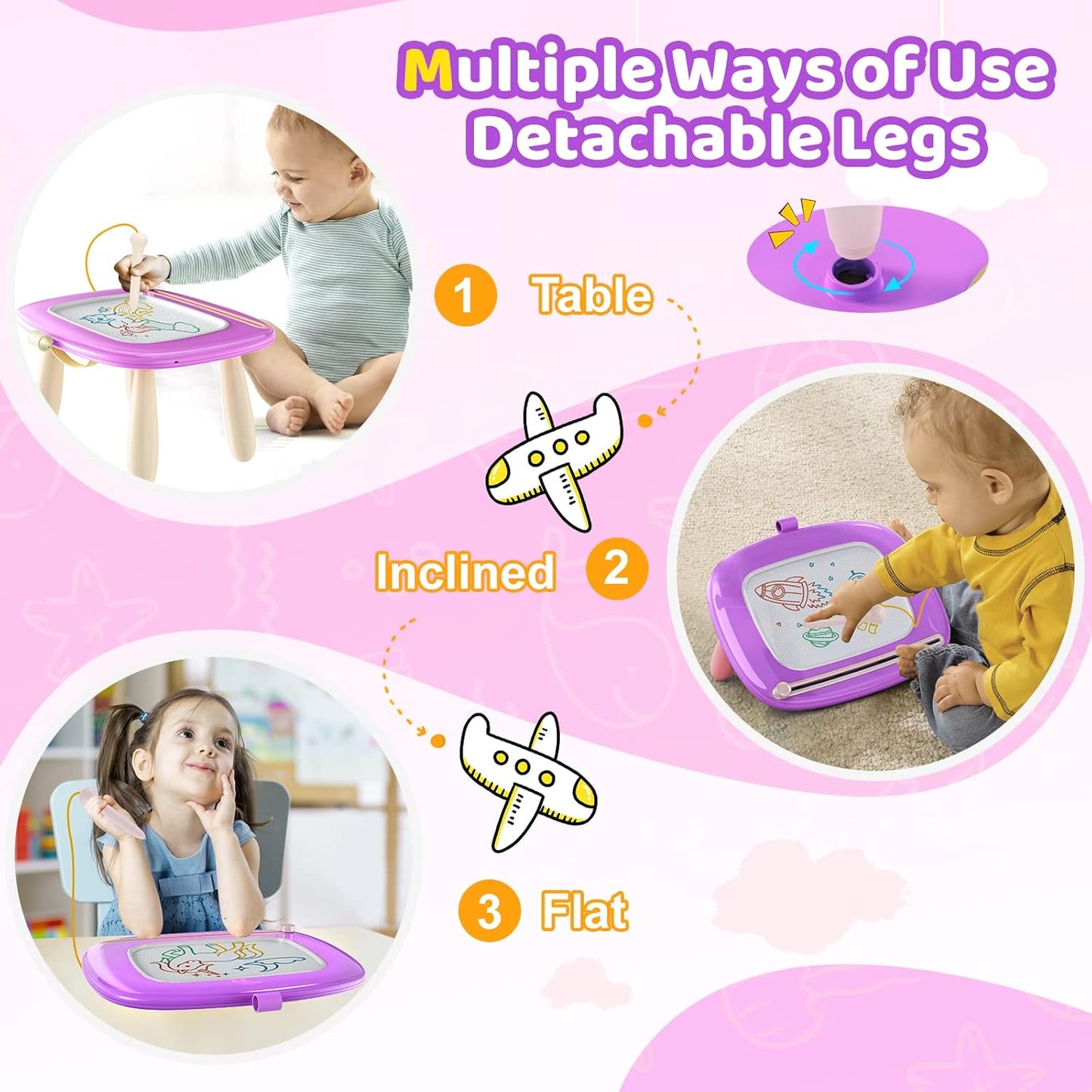 Kikidex Toddler Magnetic Drawing Board, Age 1-3, Purple, Toddler Girl Toys, Doodle Board Pad, Learning & Educational Toys for 1-3 Year Olds, Includes Board, Pen, 4 Table Legs