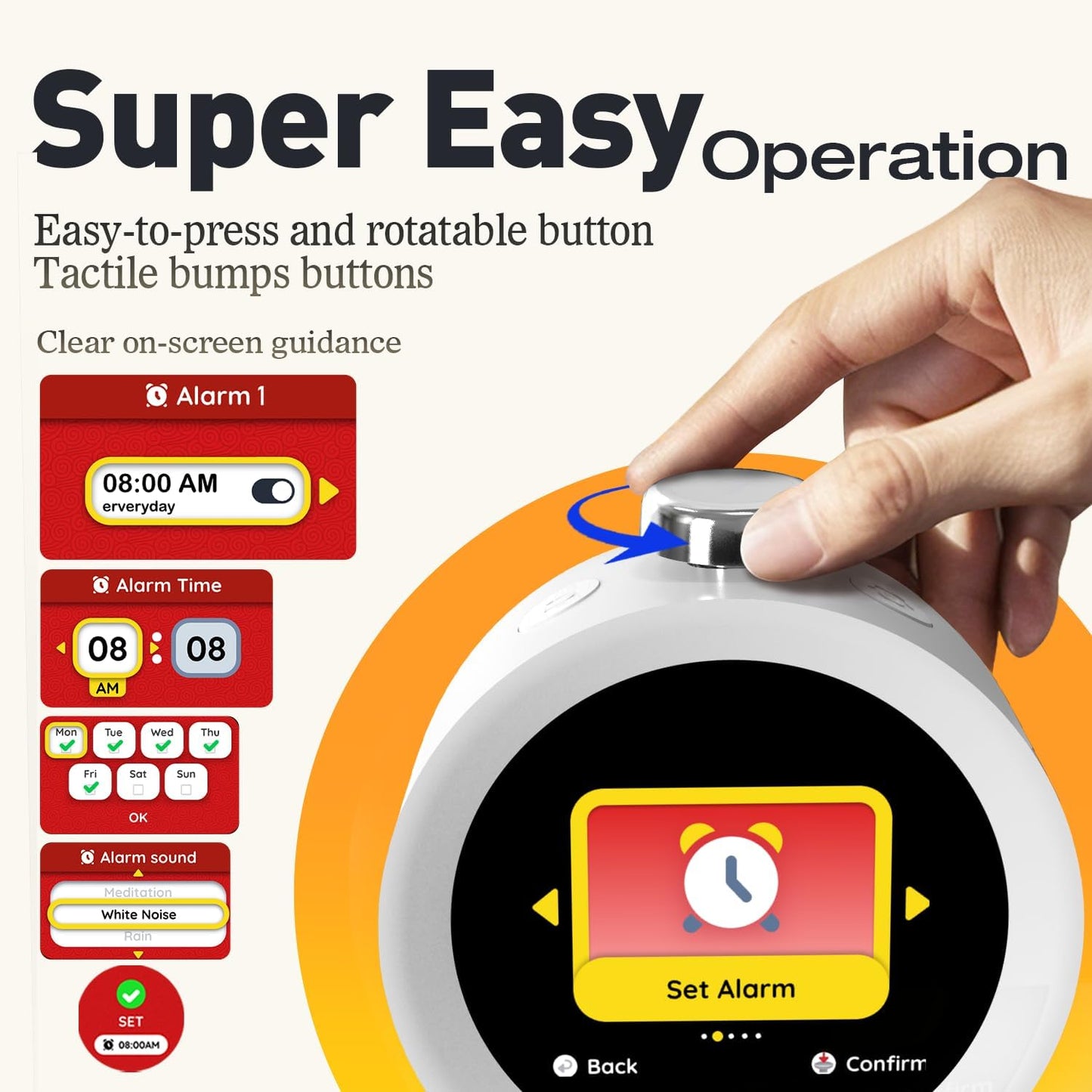 MOMILLA Alarm Clock for Heavy Sleepers, Colorful Screen Temperature, Loud 7-Day Programmable 4 Alarms, Small Clocks Bedrooms for Kids Adults Boys Girls, Easy to Set, Digital White Noise, Hourly Chime