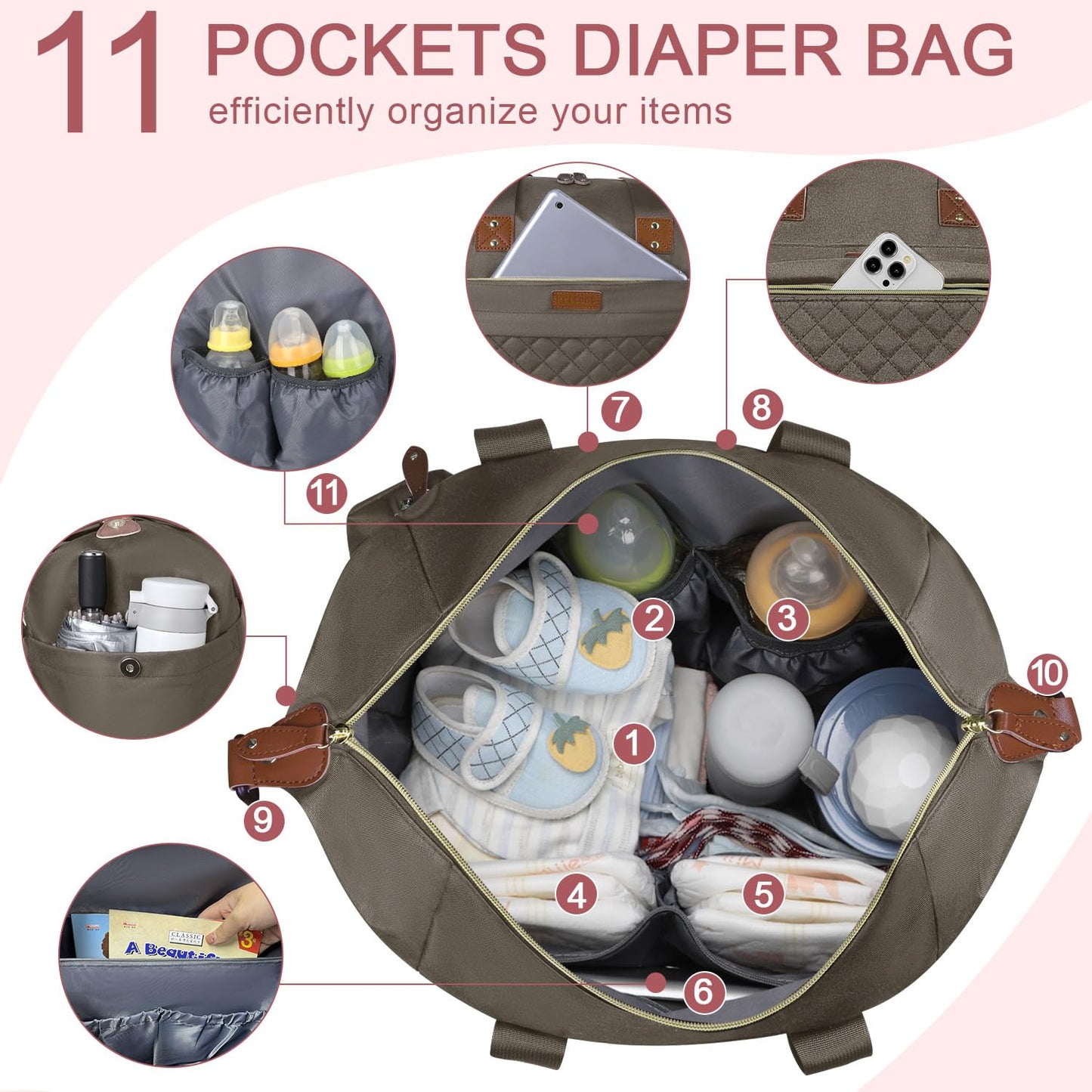 Diaper Bag Tote, Diaper Baby Bags with Pacifier Case, Shoulder Straps, Stroller Clips, Waterproof Large Mommy Maternity Travel Baby Bag for Mom and Dad, khaki, Medium