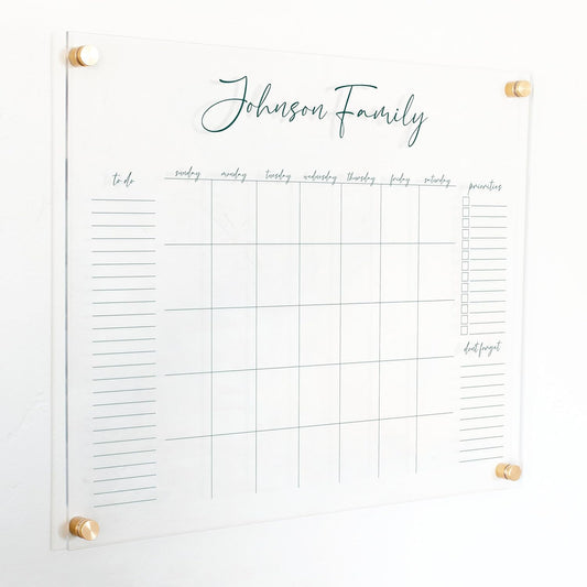 Personalized Clear Acrylic Calendar for Wall, Calendar Whiteboard for Wall, Dry Erase Wall Calendar, Wall Calendar Organizer System for Home (Cursive, Jade, 23"W x18.5"H)