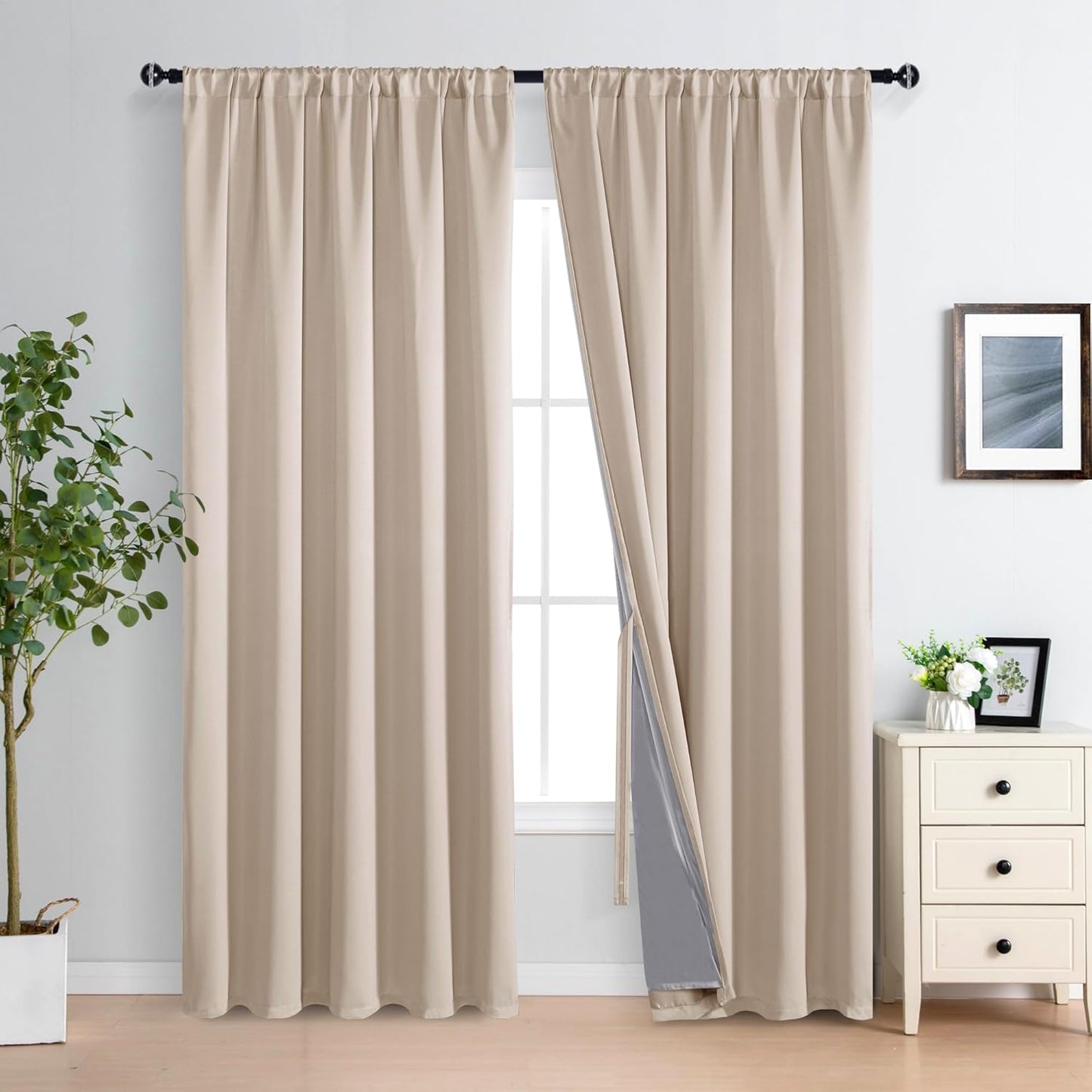 XWZO 100% Blackout Curtains 84 Inches Length with Tiebacks, Light Blocking Rod Pocket Window Drapes with Black Liner Backing for Bedroom/Kid's Room, Biscotti Beige, W70 x L84, Set of 2