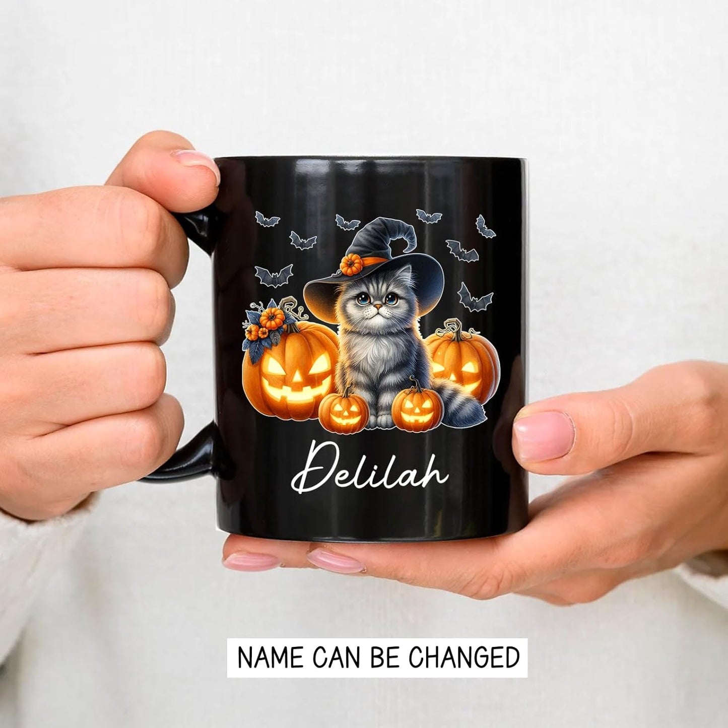 Customized Halloween British Longhair Mug with Name, Personalized British Longhair with Pumpkins Coffee Cup, Witch Cat Ceramic Mug, Pet Halloween Black Cup 11oz 15oz, Gift for Cat Dad Mom