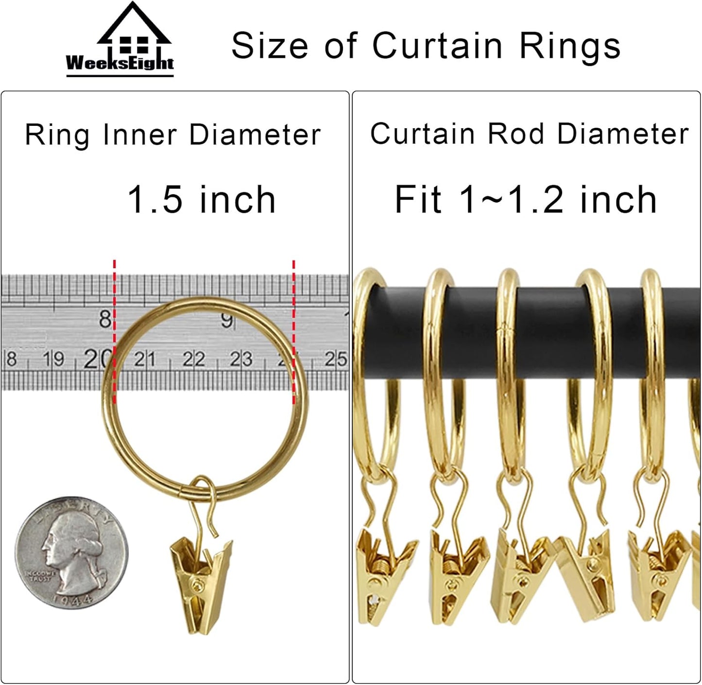 100 Pack Gold Curtain Rings with Clips, Curtain Hooks Hangers Clip Rings for Hanging Drapes Bows Hat, Drapery Rings 1.5 in I D, Fits up to 1.2 in Diameter Curtain Rod.