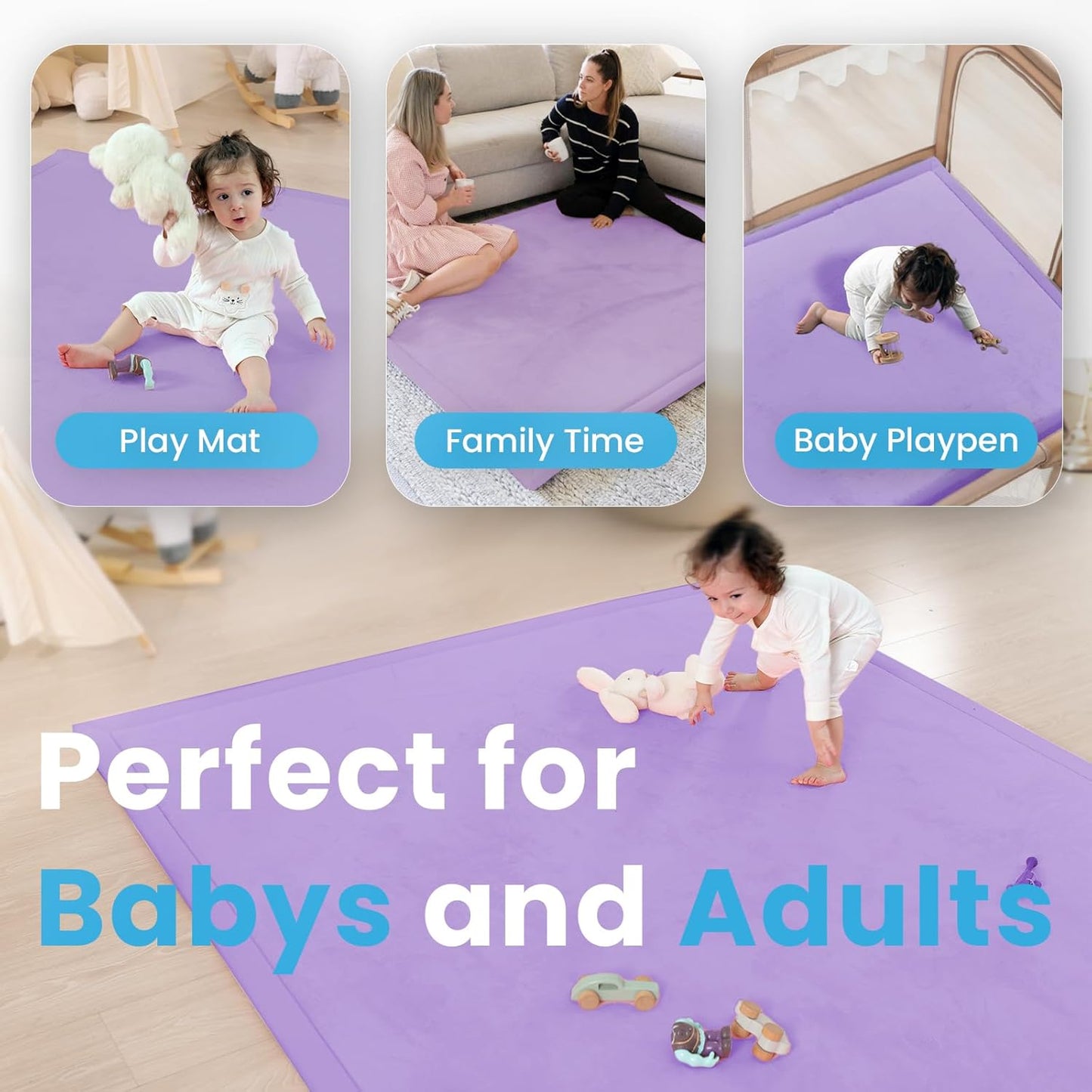 1.3" Thick Baby Play Mat,Ultra Soft Elasti-Foam 50×50 Playpen Mat for Tummy Time,Water-Repellent Coral Fleece Nursery Rug for Infants,Toddlers,Kids,Non-Slip Safe for Crawling(Lavender)