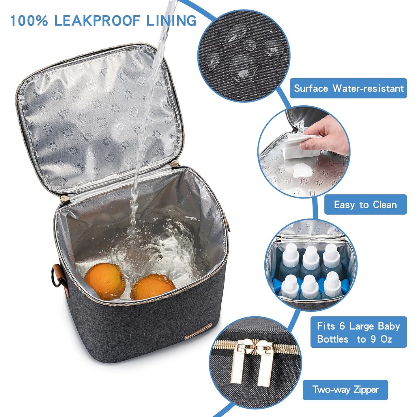 Breastmilk Cooler Bag with Ice Pack Fits 6 Baby Bottles Up to 9 Ounce, Baby Bottle Bag with Shoulder Strap for Nursing Mom Daycare,Dark Grey