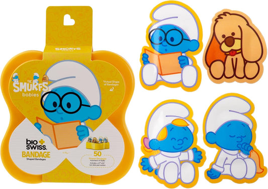 BioSwiss Bandages, The Smurfs Baby Smurf Shaped Self Adhesive Bandage, Latex Free Sterile Wound Care, Fun First Aid Kit Supplies for Kids and Adults, 50 Count Case