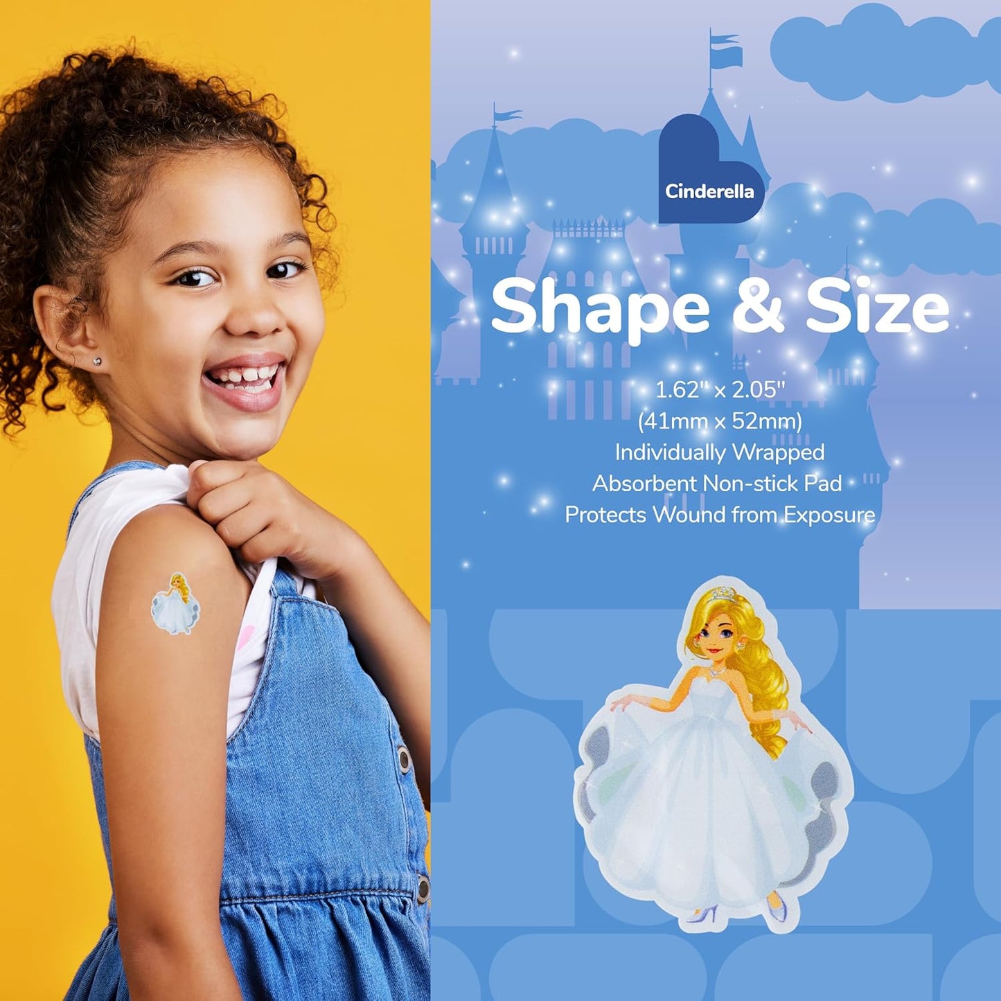 BioSwiss Bandages, Princess Cinderella Shaped Self Adhesive Bandage, Latex Free Sterile Wound Care, Fun First Aid Kit Supplies for Kids and Adults, 50 Count