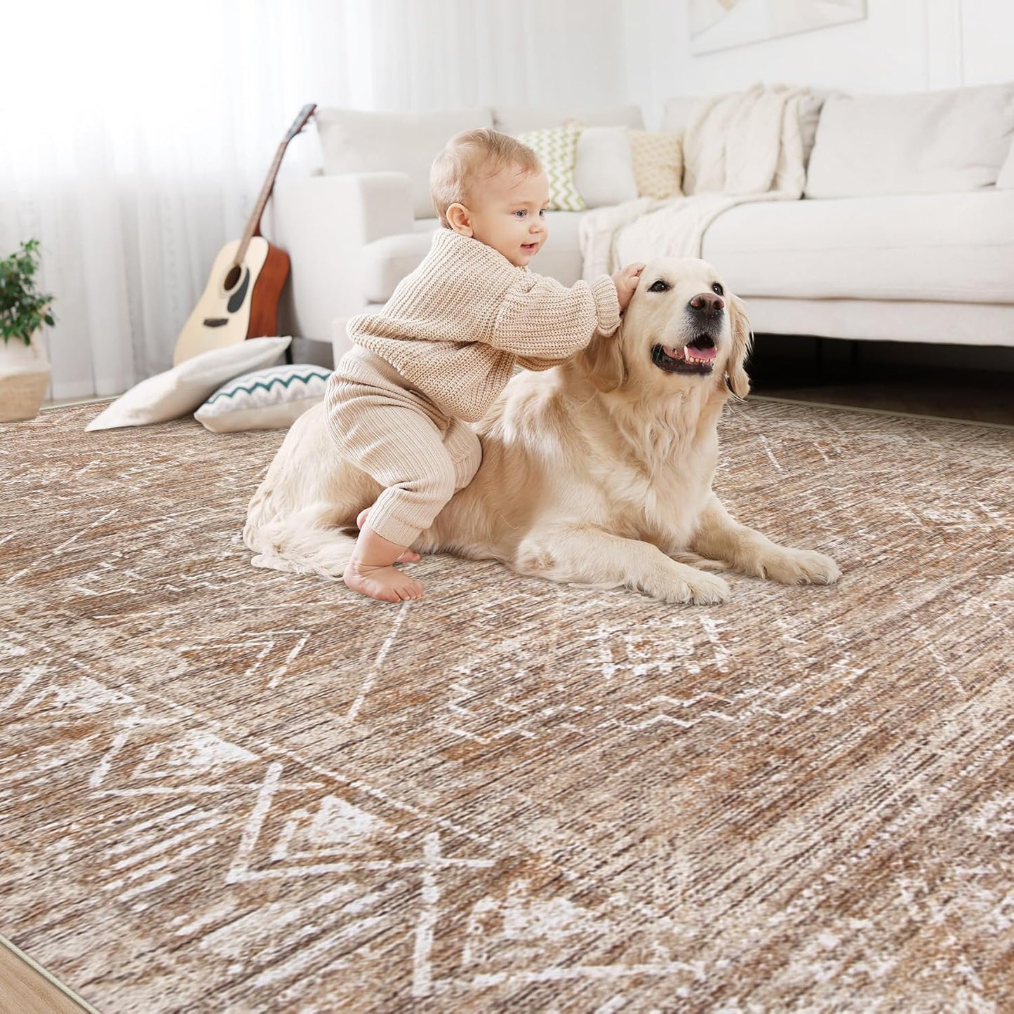 Large Living Room Area Rug 9x12 - Machine Washable Vintage Boho Moroccan Rugs Geometric Neutral Rug Non-Shedding Low Pile Distressed Farmhouse Carpet for Bedroom Nursery Classroom Dorm (9 x 12, Brown)