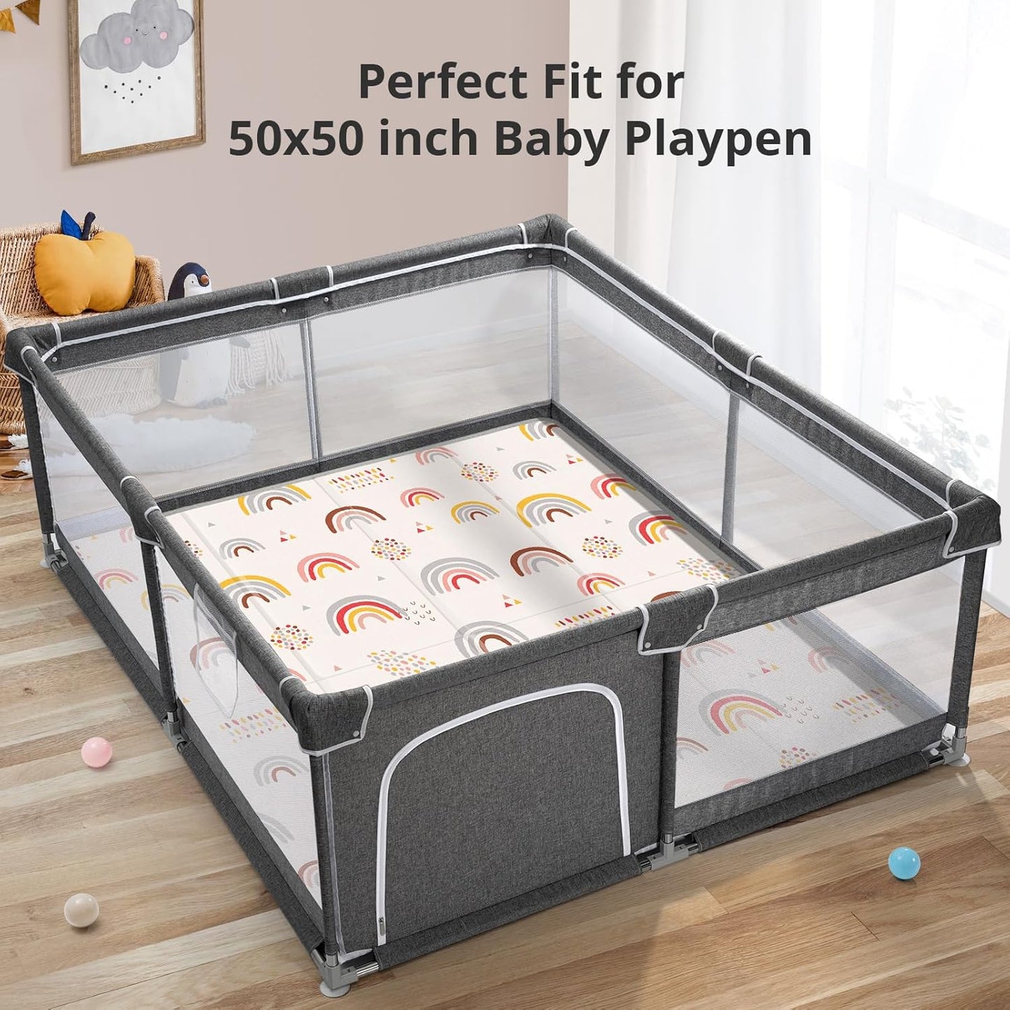 Foldable Baby Play Mat, PIGLOG 50x50 Playpen Mat, Waterproof Playmats for Babies and Toddlers Kids, Safe Foam Playmat for Tummy Time, Reversible Portable Baby Floor Mat for Infant, Colorful+Rain