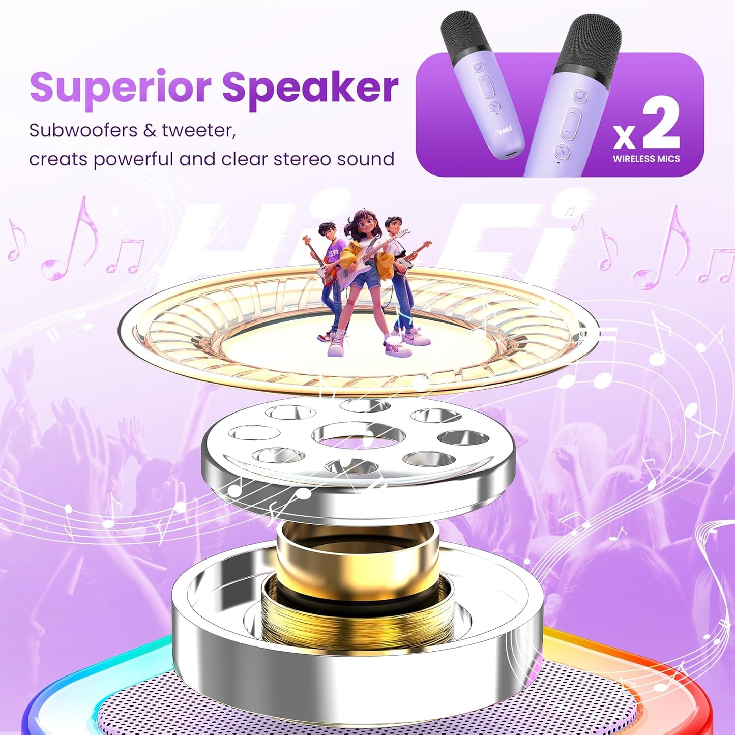 Karaoke Player, Karaoke Machine for Adults, Portable Bluetooth Mini Karaoke Microphone Singing Speaker Player with 2 Wireless Mic, All Smartphones,Birthday, Family,Home Party(Purple)