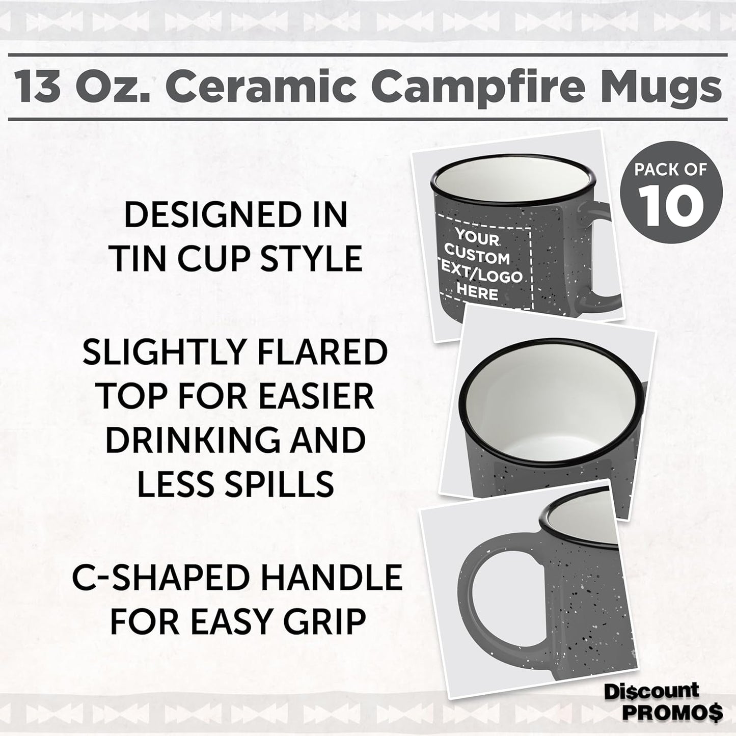 DISCOUNT PROMOS Custom Ceramic Campfire Coffee Mugs 13 oz. Set of 10, Personalized Bulk Pack - Perfect for Tea, Espresso, Cappuccino, Hot Cocoa - Grey