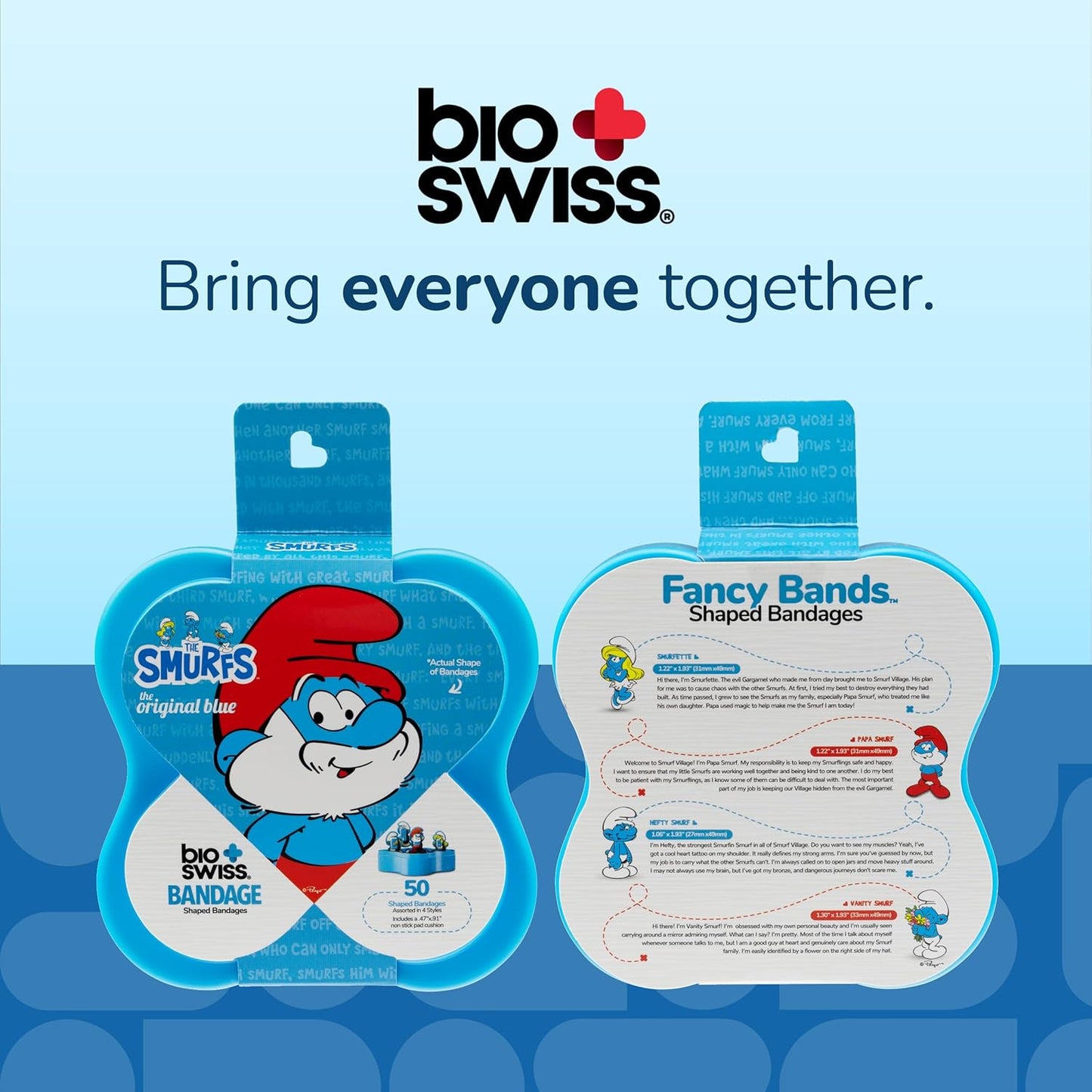 BioSwiss Bandages, The Smurfs Classic Shaped Self Adhesive Bandage, Latex Free Sterile Wound Care, Fun First Aid Kit Supplies for Kids and Adults, 50 Count Plastic Case