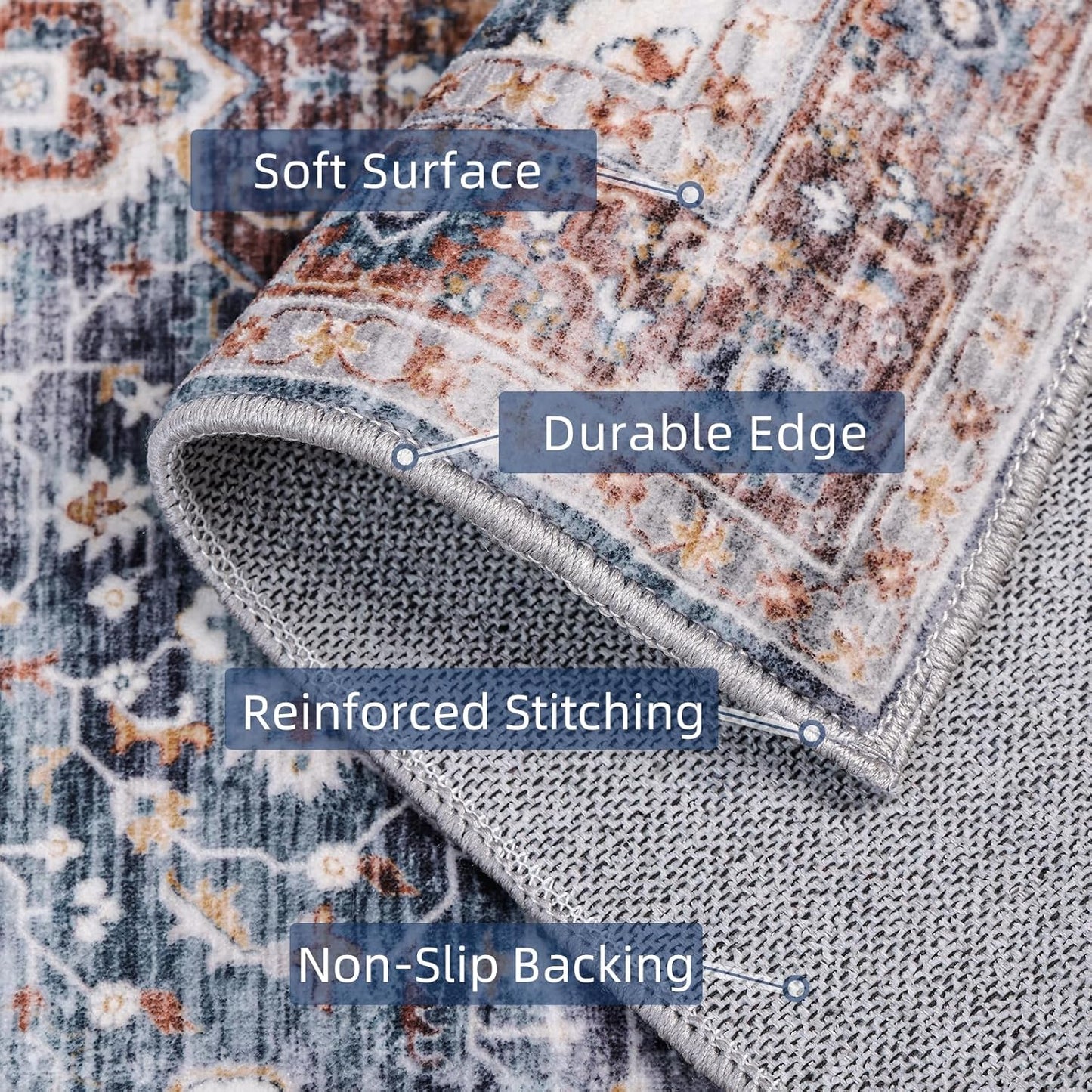 Deerly 2x7ft Bohemian Kitchen Runner Rug - Floral Design, Soft Low Pile, Non-Slip, Border Brown/Navy Blue