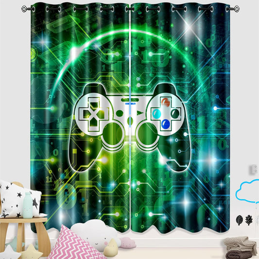 Gaming Curtain for Boys - 2Pcs Gamer Curtain Panels for Boys Bedroom Blackout Drapes Modern Games Patterns Windows Curtains Green Game Room Decor Grommet Top Curtains, 82" x 84"