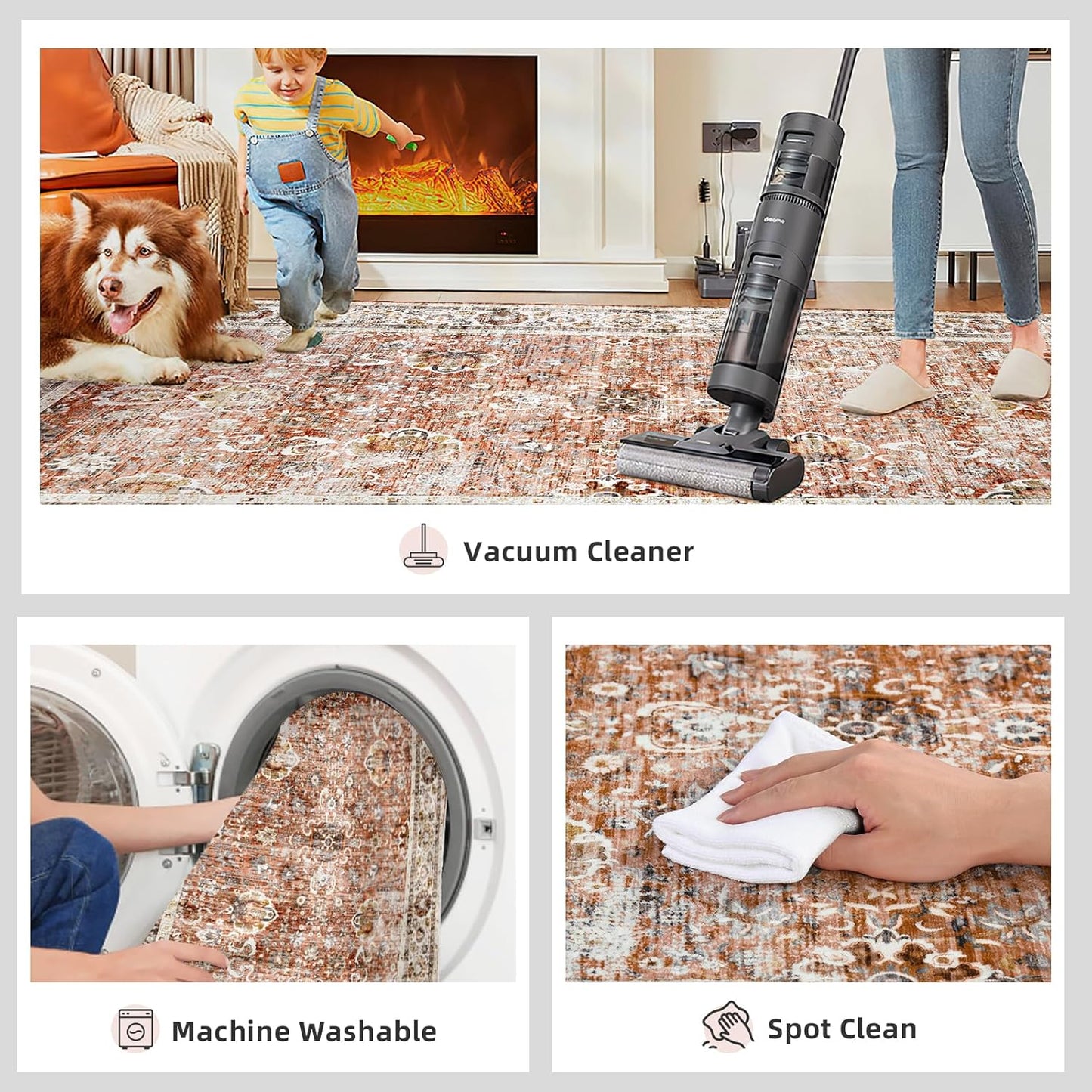 Deerly 6x9 Vintage Rugs for Dining Room, Washable Rugs Non Slip Large Area Rug for Living Room Bedroom Office, Floor Decoration Big Rug Mat Low-Pile Kid & Pet Friendly(Brick Red)