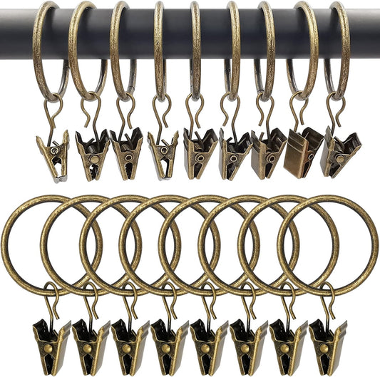 100 Pack Bronze Curtain Rings with Clips, Curtain Hooks Hangers Clip Rings for Hanging Drapes Bows Hat, Drapery Rings 1.26 in I D, Fits up to 1 in Diameter Curtain Rod.