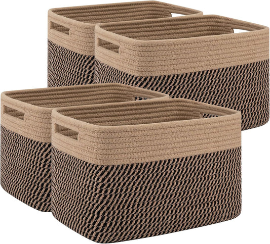 4 Pack Storage Baskets for Organizing, Woven Baskets for Shelves - Perfect for Toys, Books, Towels, and Clothes, Durable Gift Basket Bins Toy Storage, 13''L x9''W x7.8''H, Black and Brown