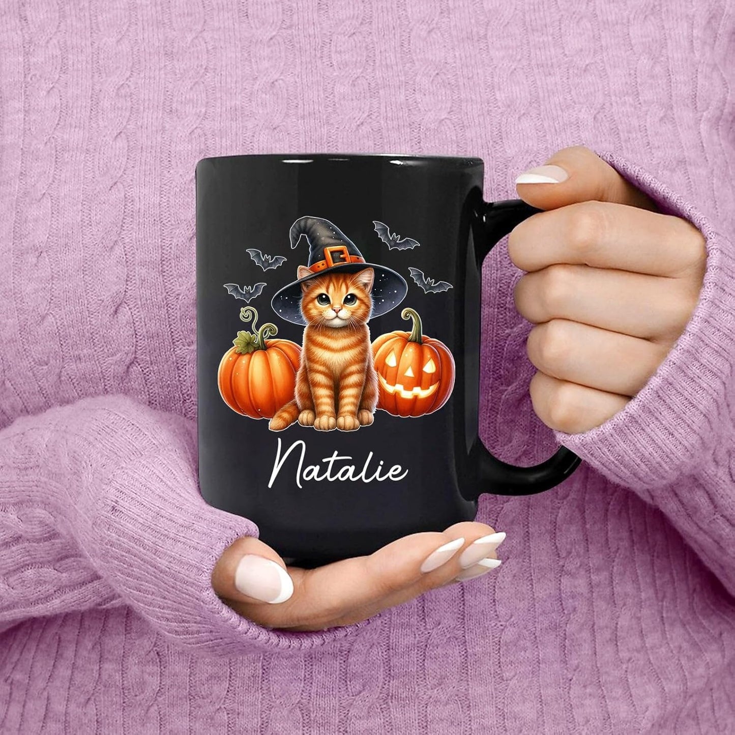 Custom Halloween Orange Tabby Coffee Cup, Personalized Name Orange Tabby with Pumpkins Ceramic Mug, Cat Witch Pumpkin Mug 11oz 15oz, Pet Cat Halloween Black Cup, Gift Idea for Pet Enthusiast