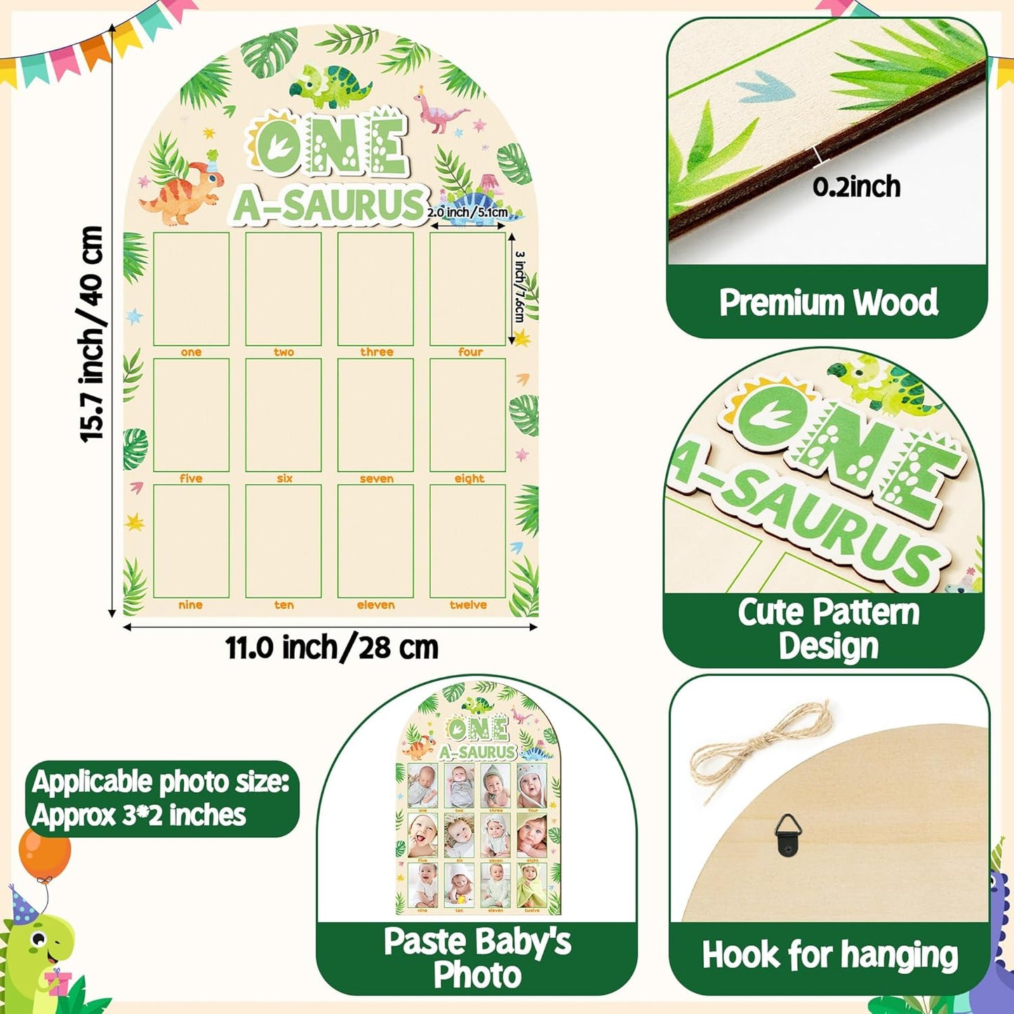 R HORSE My First Year Photo Frame Board, 3D One a Saurus Birthday Decorations Display Wood Board, Dinosaur Themed Baby First Year Picture Frame 12 Months Milestone 1st Birthday Nursery Decor Gift