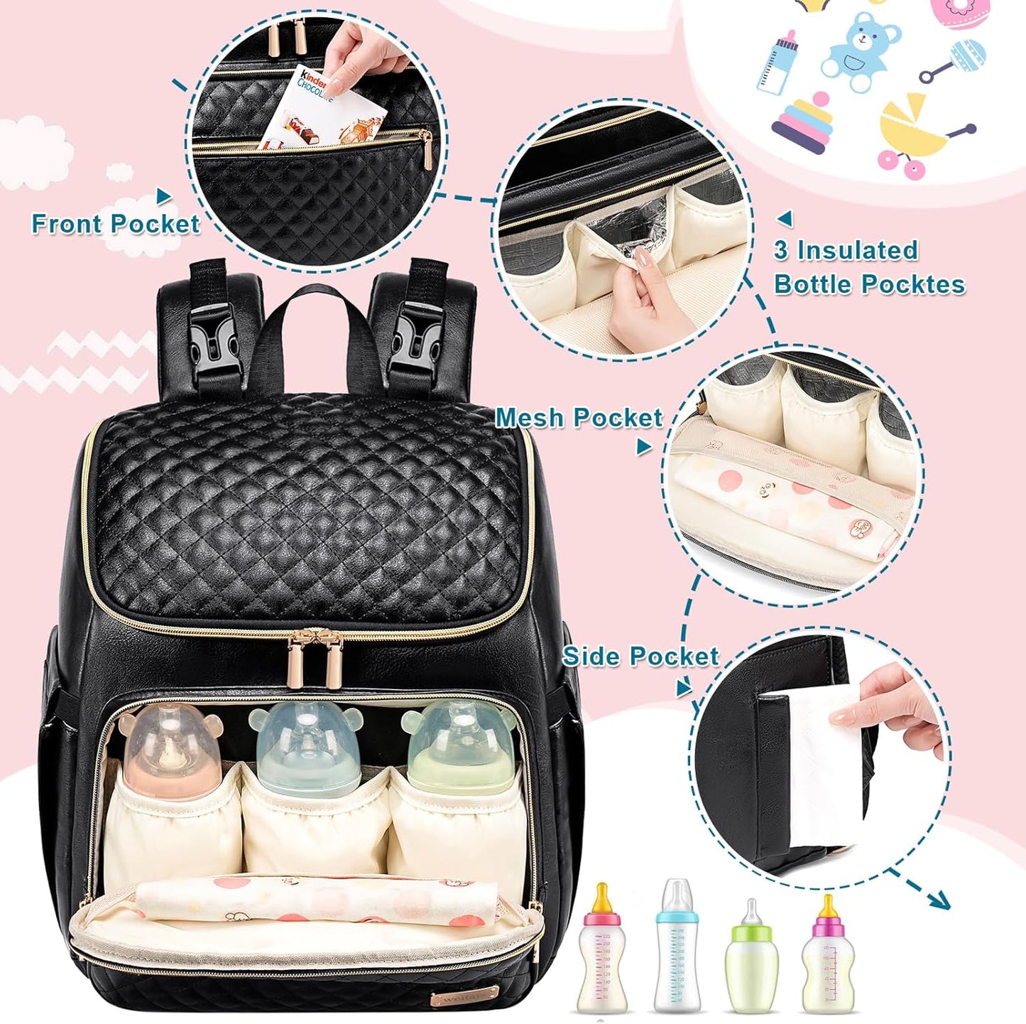 Weitars Diaper Bag Backpack Leather Baby Diaper Bag with Changing Pad Travel Diaper Backpack,Baby Bag for Mom,Stroller Straps,5 Insulated Pockets (Black Leather)