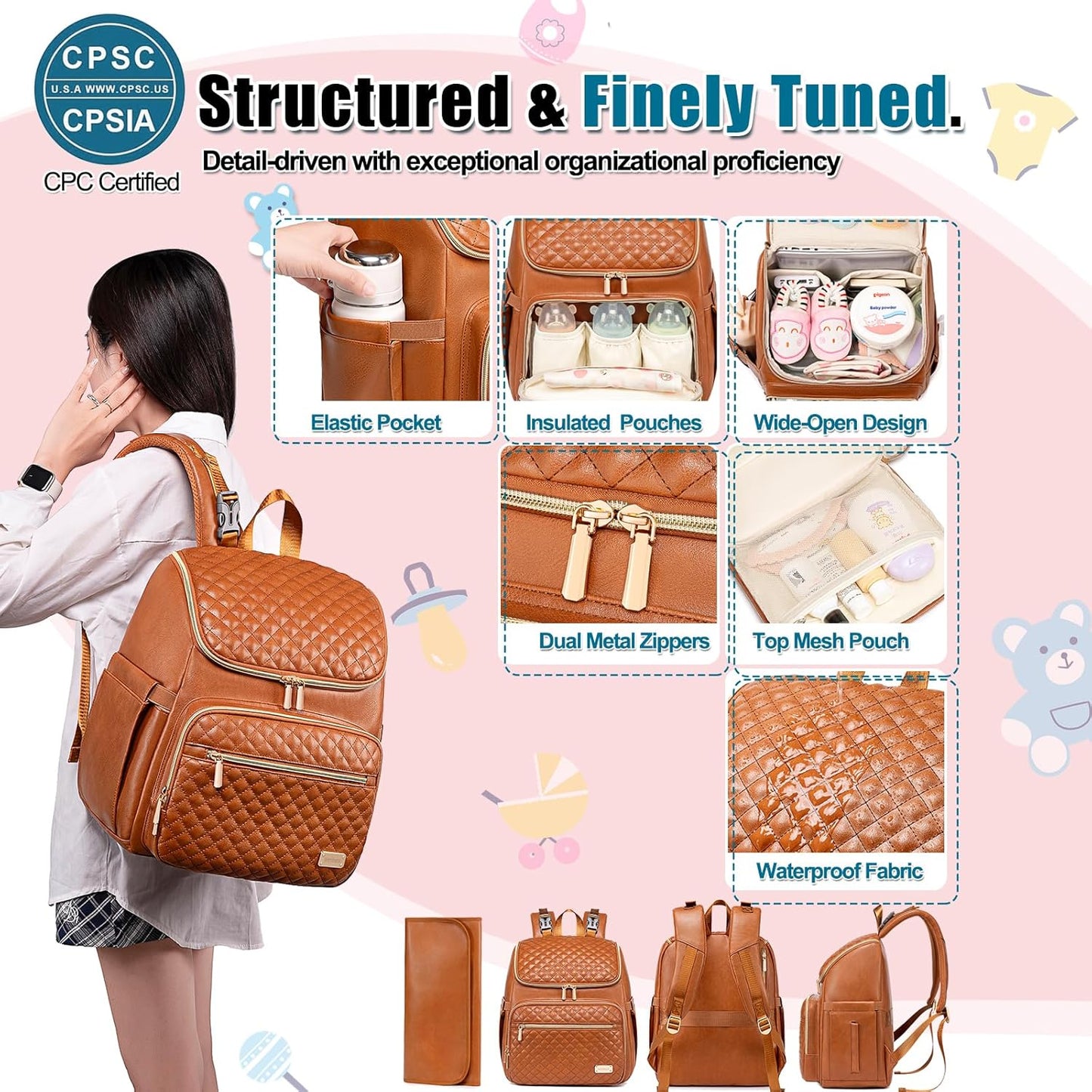 Weitars Diaper Bag Backpack Leather Baby Diaper Bag with Changing Pad Travel Diaper Backpack,Baby Bag for Mom,Stroller Straps,5 Insulated Pockets (Brown Leather)