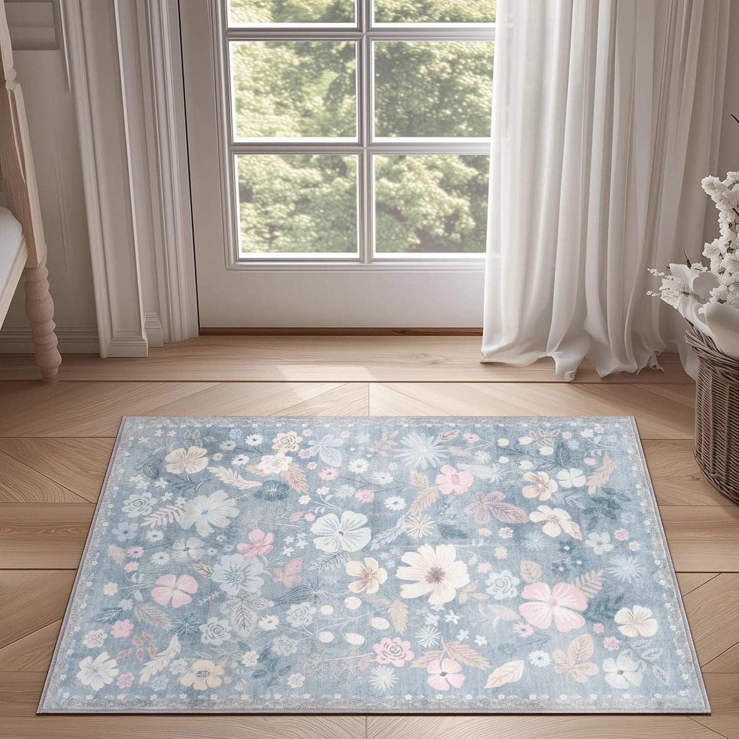 Washable Rugs 2x3 Throw Rugs for Entryway Non Slip Stain Resistant Doormat Light Blue Low Pile Faux Fur Farmhouse Boho Floral Area Rugs for Front Door Kitchen Bed Bedside Pet Home Decor