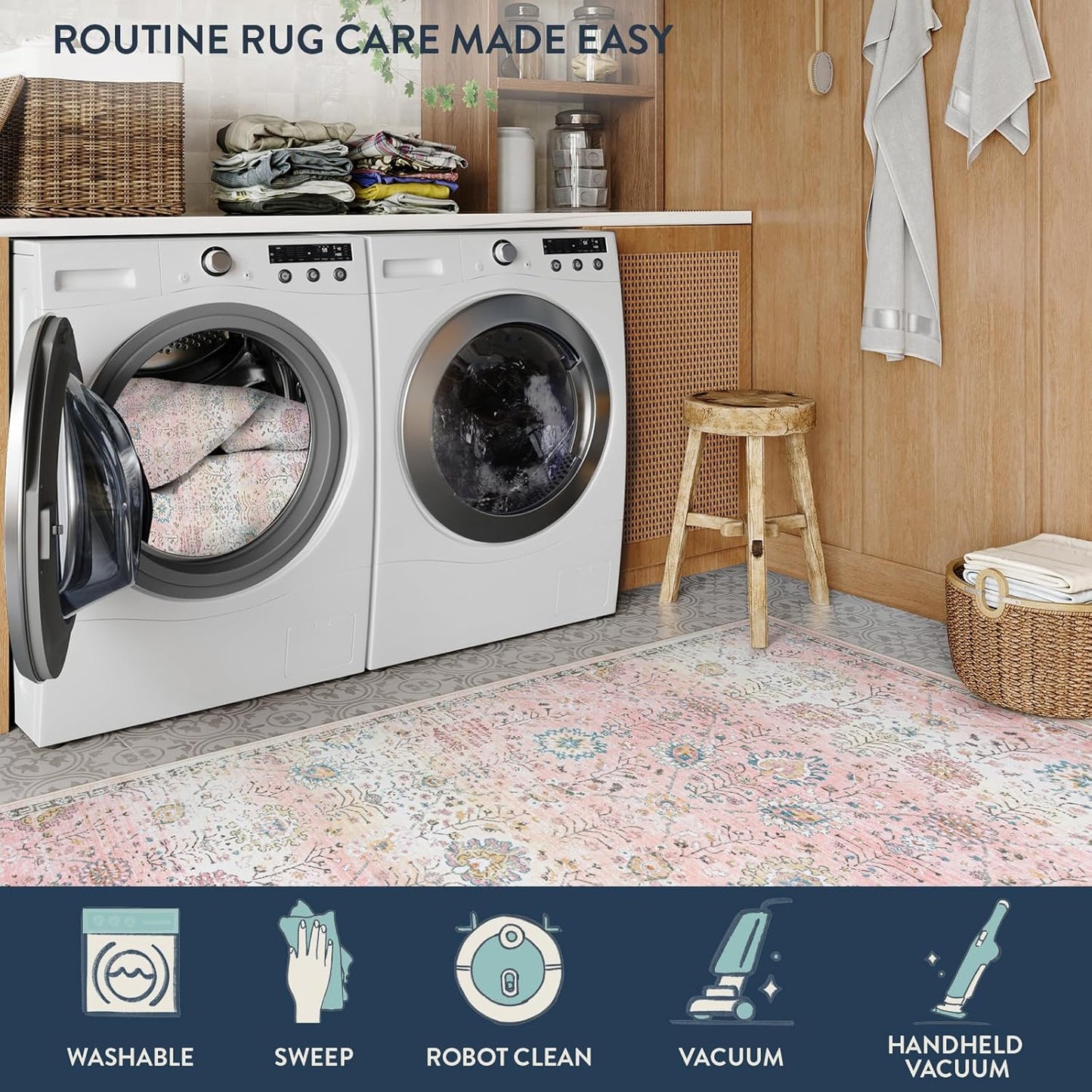 Lahome Light Pink Boho Rug, 3x5 Machine Washable Area Rugs for Dorm Girls, Soft Floral Small Nursery Pastel Mat, Pink Carpet for Bedroom Kids Room