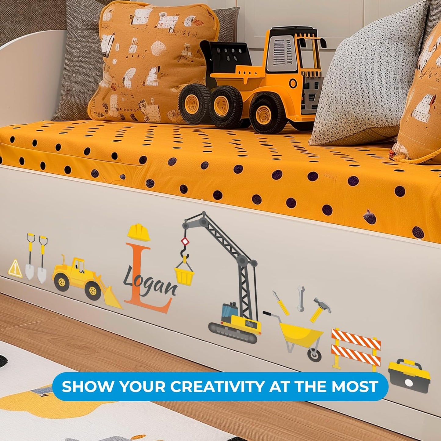 CRYPTONITE Custom Toddler Construction Crane Wall Decal I Personalized Name & Initial I Nursery Decor I Polyvinyl Chloride Sticker - Made in USA (Medium, Multicolor Options)