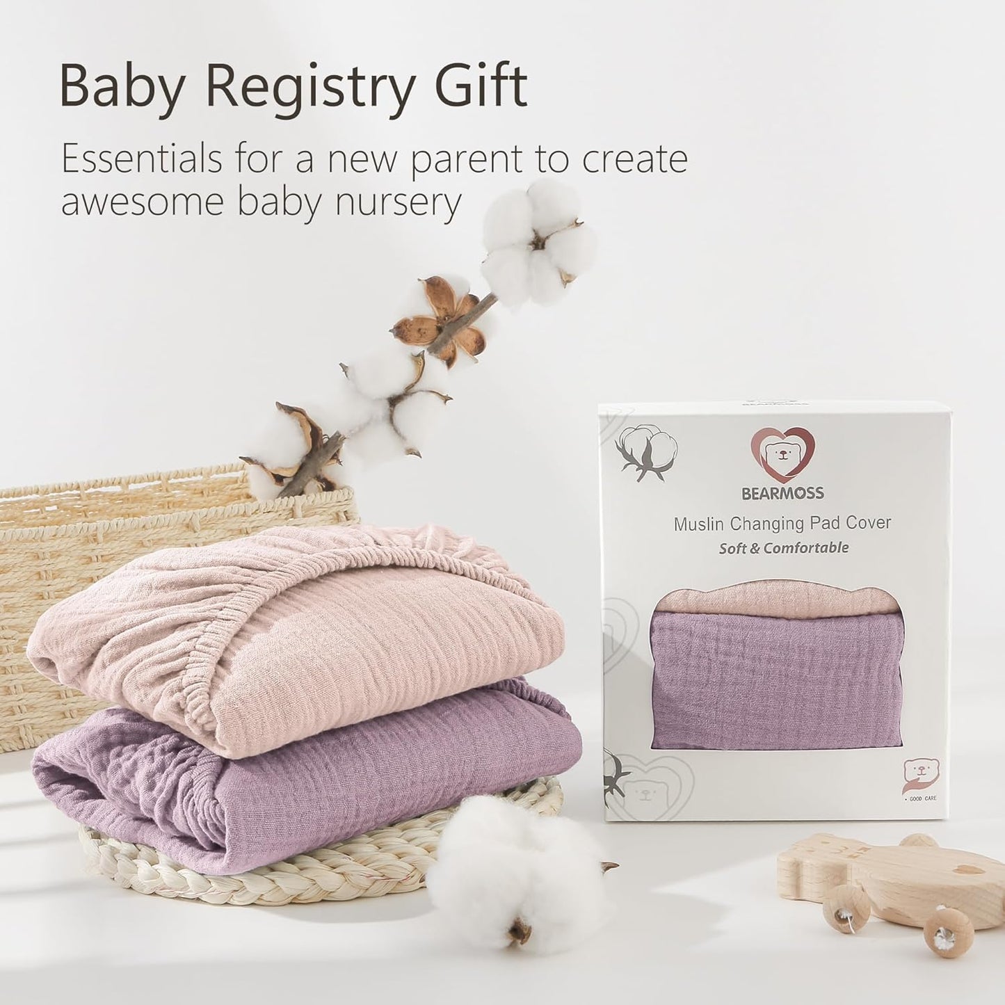 Bearmoss Changing Pad Cover, 2 Pack Muslin [100% Cotton] Diaper Changing Table Covers, 32'' x 16'' Soft Breathable Changing Pad Sheets for Unisex Baby Girls and Boys with Strap Holes (Candy Floss)