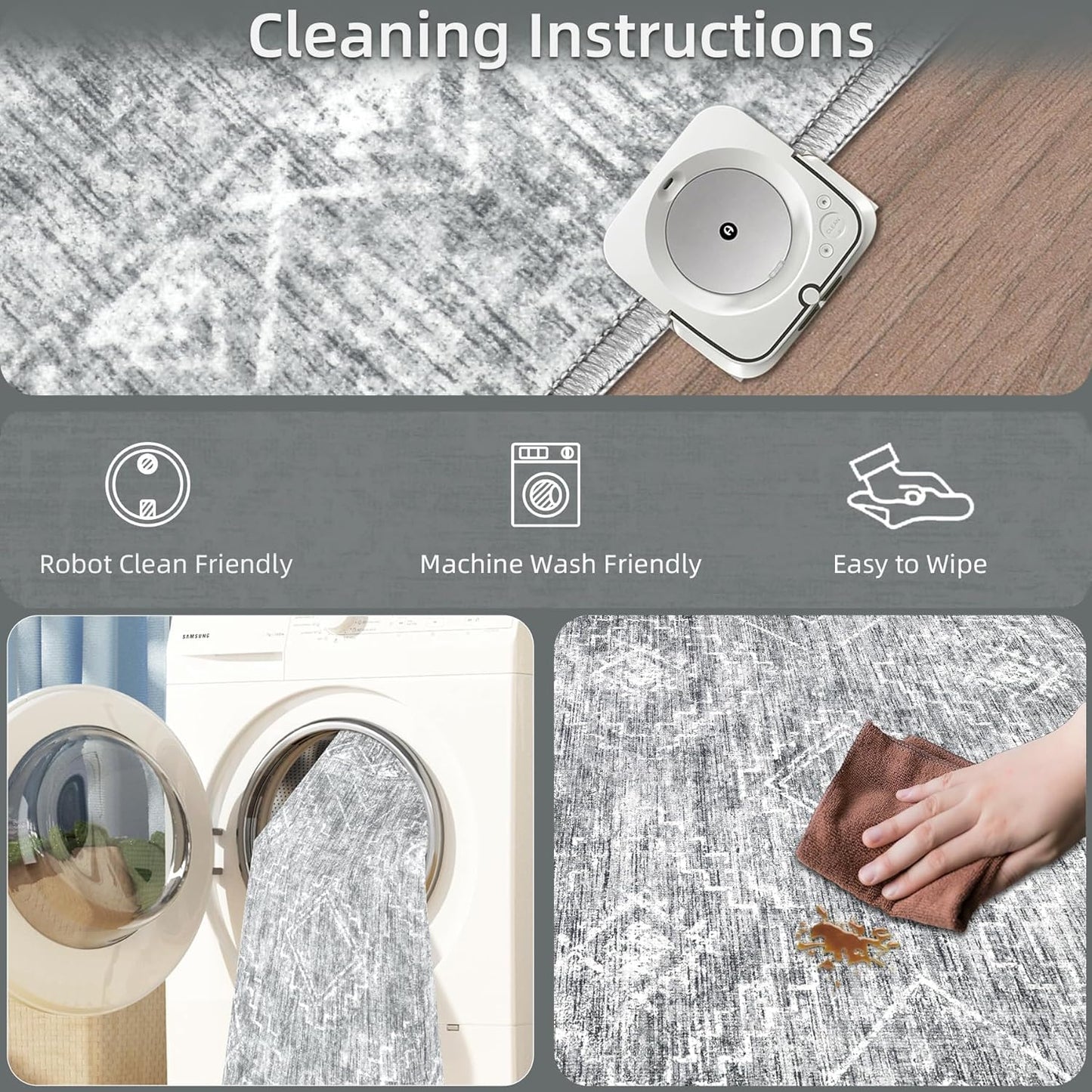 Vintage Moroccan Trellis Area Rug - 3x5 Machine Washable Boho Geometric Farmhouse Rugs Neutral Stain Resistant Non Slip Indoor Carpet for Entrance Bedroom Dining Room Nursery Home Office (3 x 5, Grey)