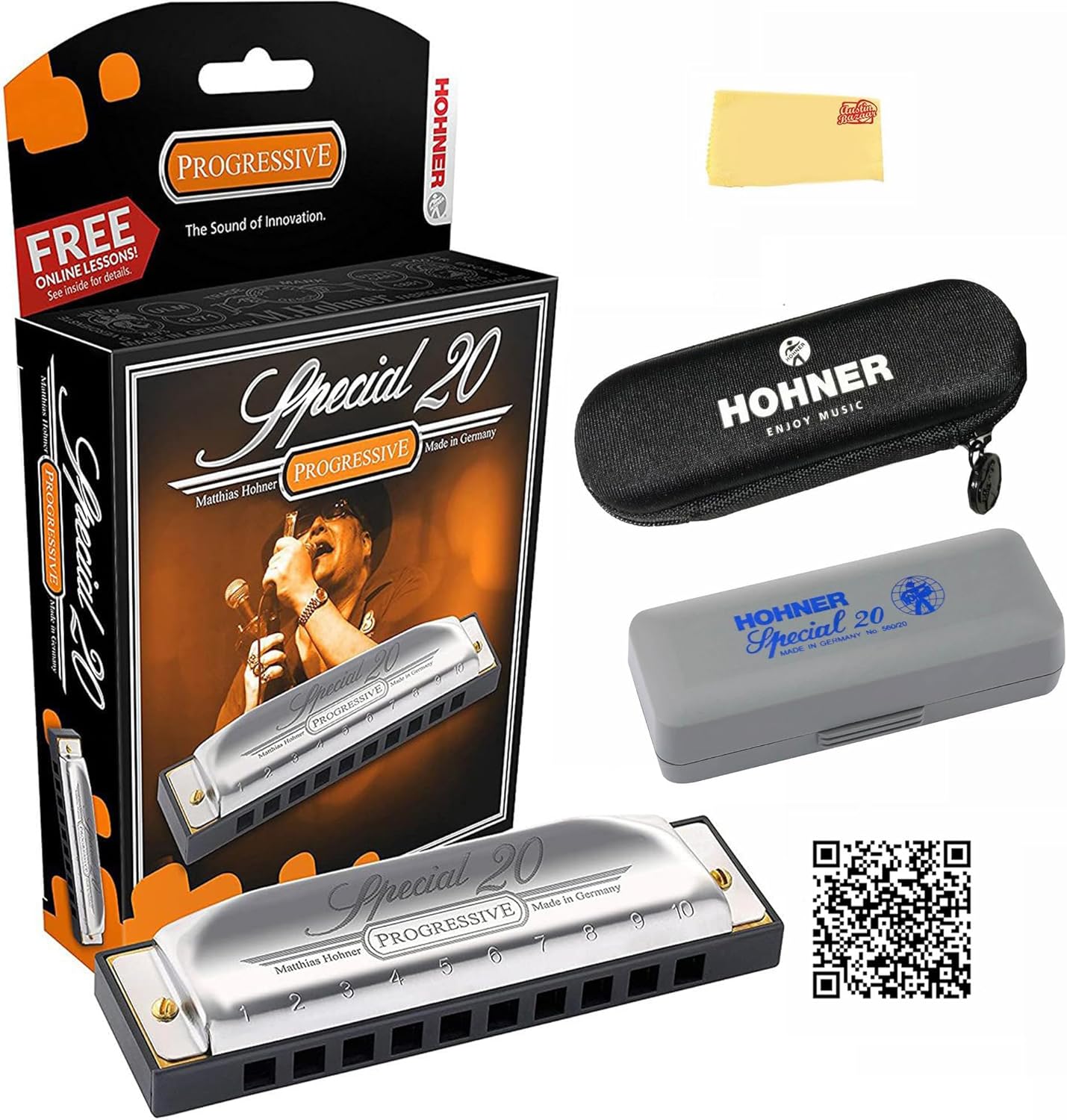 Hohner Special 20 Harmonica - Key of E Bundle with Case, Pouch, Online Manual, and Austin Bazaar Polishing Cloth