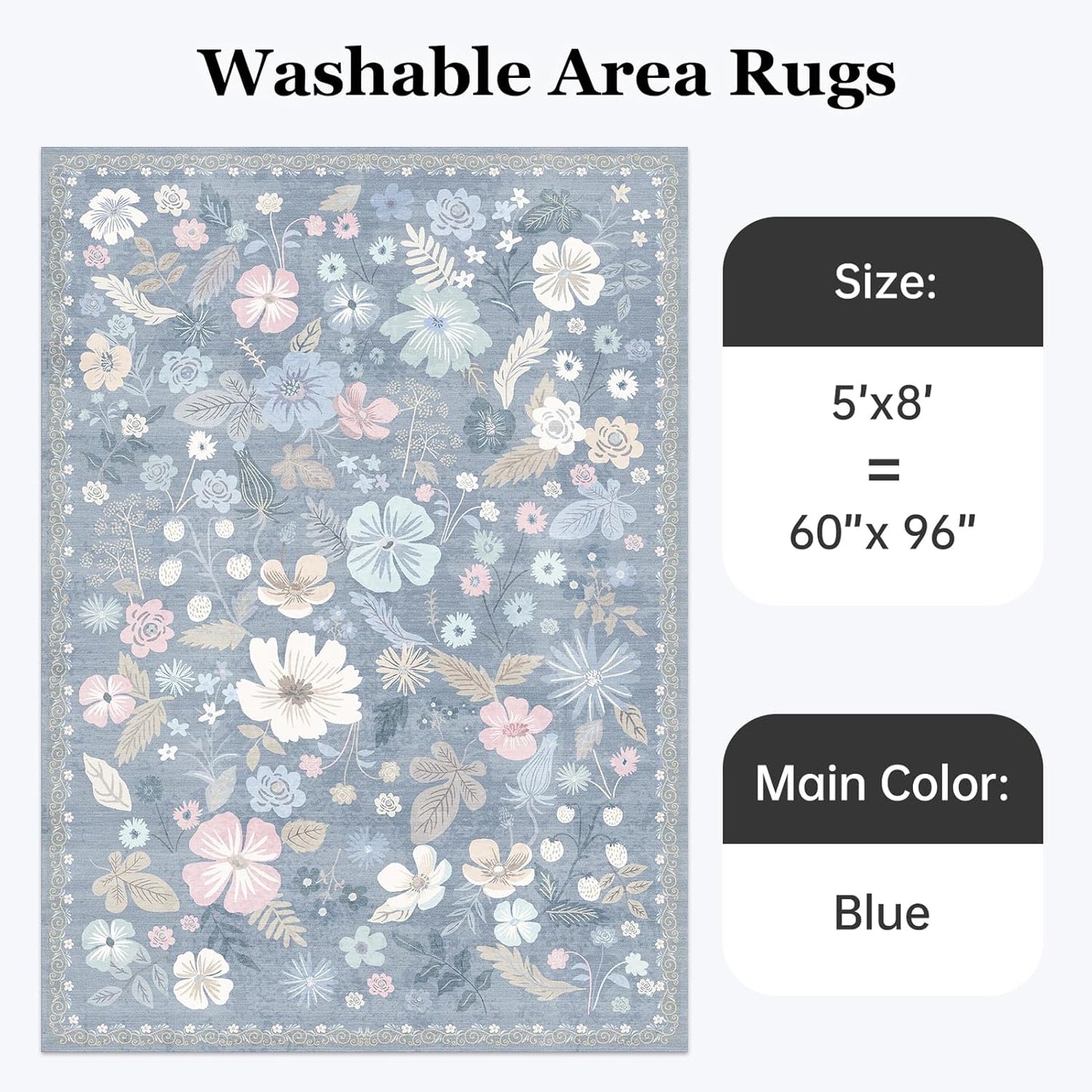 Blue 5x8 Area Rugs for Living Room Washable Soft Faux Fur Elegant Vintage Rugs Boho Floral Non Slip Stain Resistant Sound Absorbing Low Pile Carpet Rug for Bedroom Dining Room Nursery